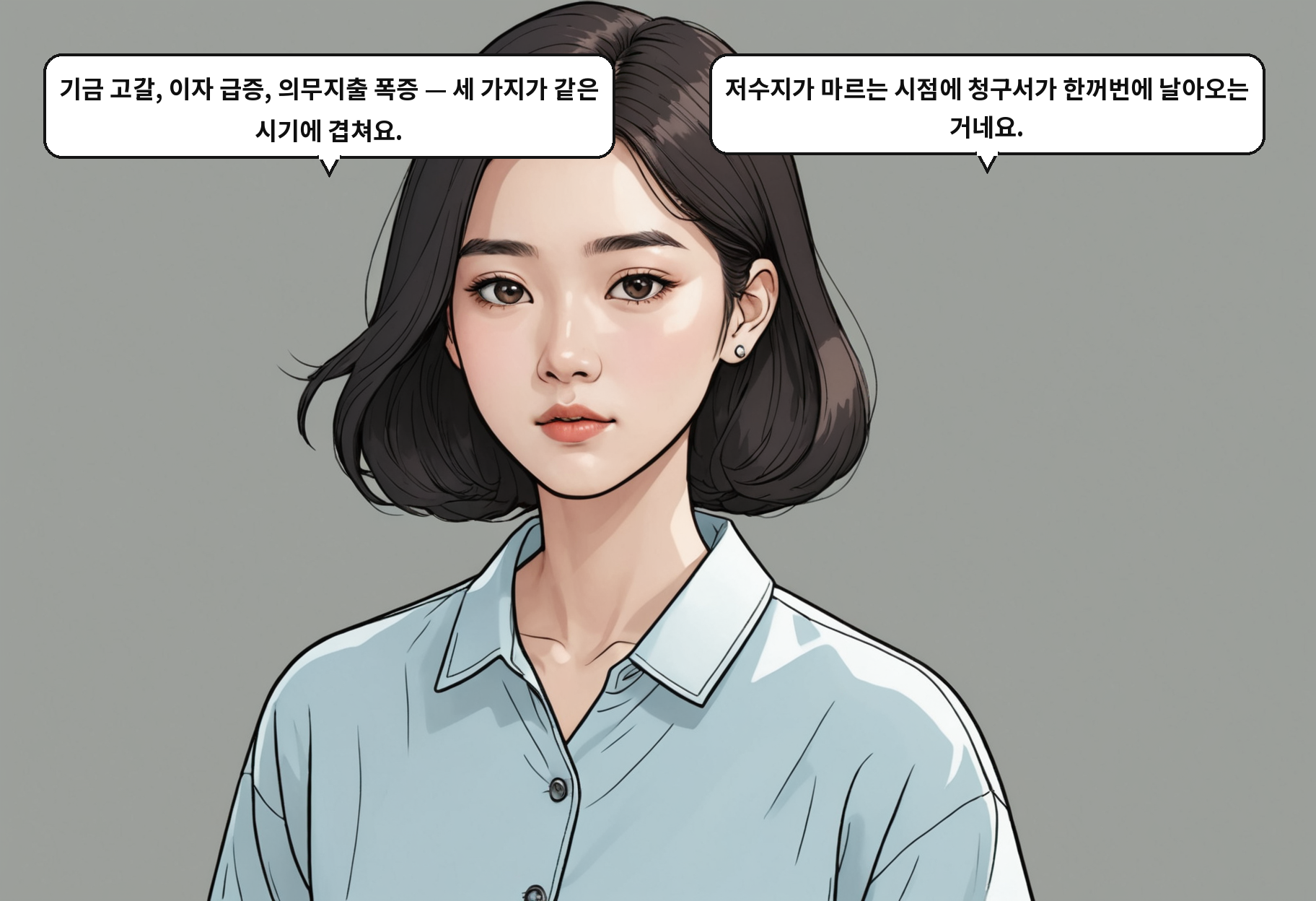 B: 기금 고갈, 이자 급증, 의무지출 폭증 — 세 가지가 같은 시기에 겹쳐요. A: 저수지가 마르는 시점에 청구서가 한꺼번에 날아오는 거네요.