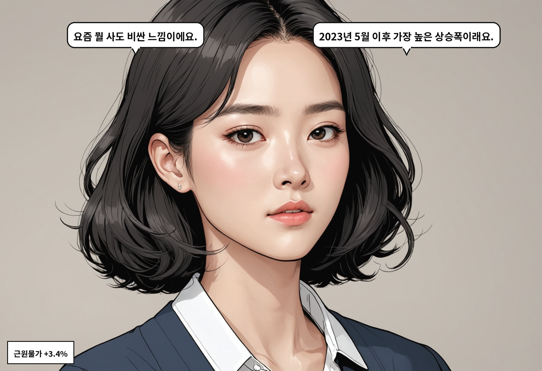 A: 요즘 뭘 사도 비싼 느낌이에요. B: 2023년 5월 이후 가장 높은 상승폭이래요.