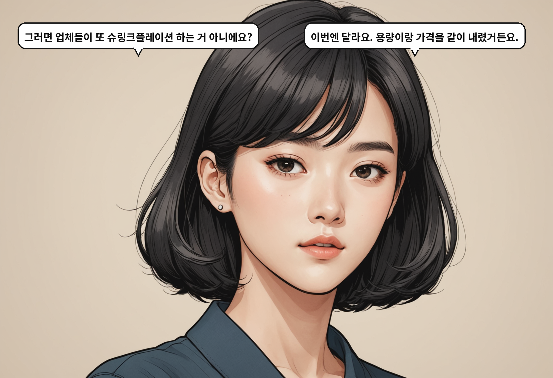 A: 그러면 업체들이 또 슈링크플레이션 하는 거 아니에요? B: 이번엔 달라요. 용량이랑 가격을 같이 내렸거든요.