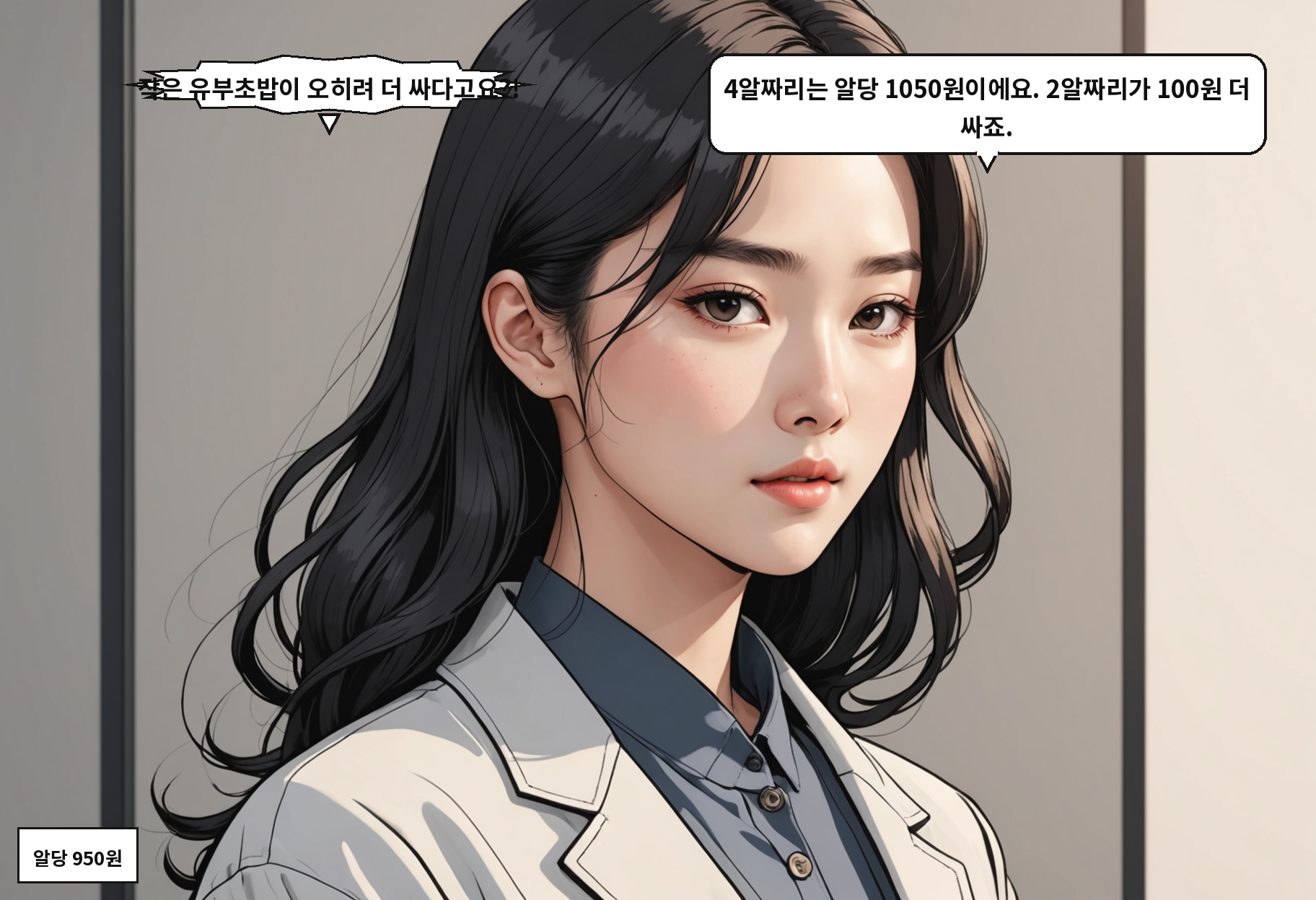 A: 작은 유부초밥이 오히려 더 싸다고요?! B: 4알짜리는 알당 1050원이에요. 2알짜리가 100원 더 싸죠.