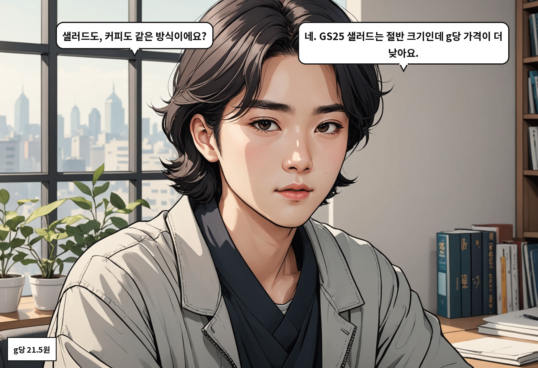 A: 샐러드도, 커피도 같은 방식이에요? B: 네. GS25 샐러드는 절반 크기인데 g당 가격이 더 낮아요.