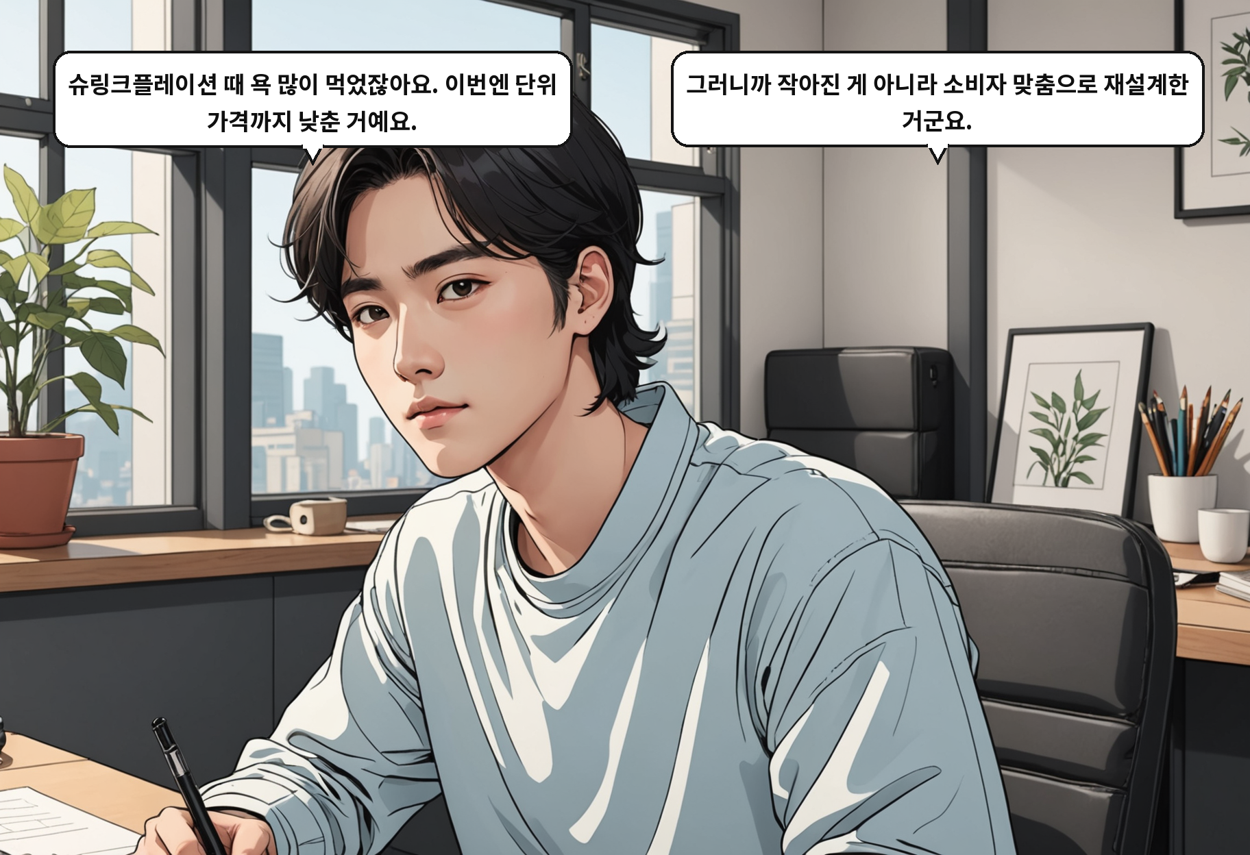 B: 슈링크플레이션 때 욕 많이 먹었잖아요. 이번엔 단위 가격까지 낮춘 거예요. A: 그러니까 작아진 게 아니라 소비자 맞춤으로 재설계한 거군요.