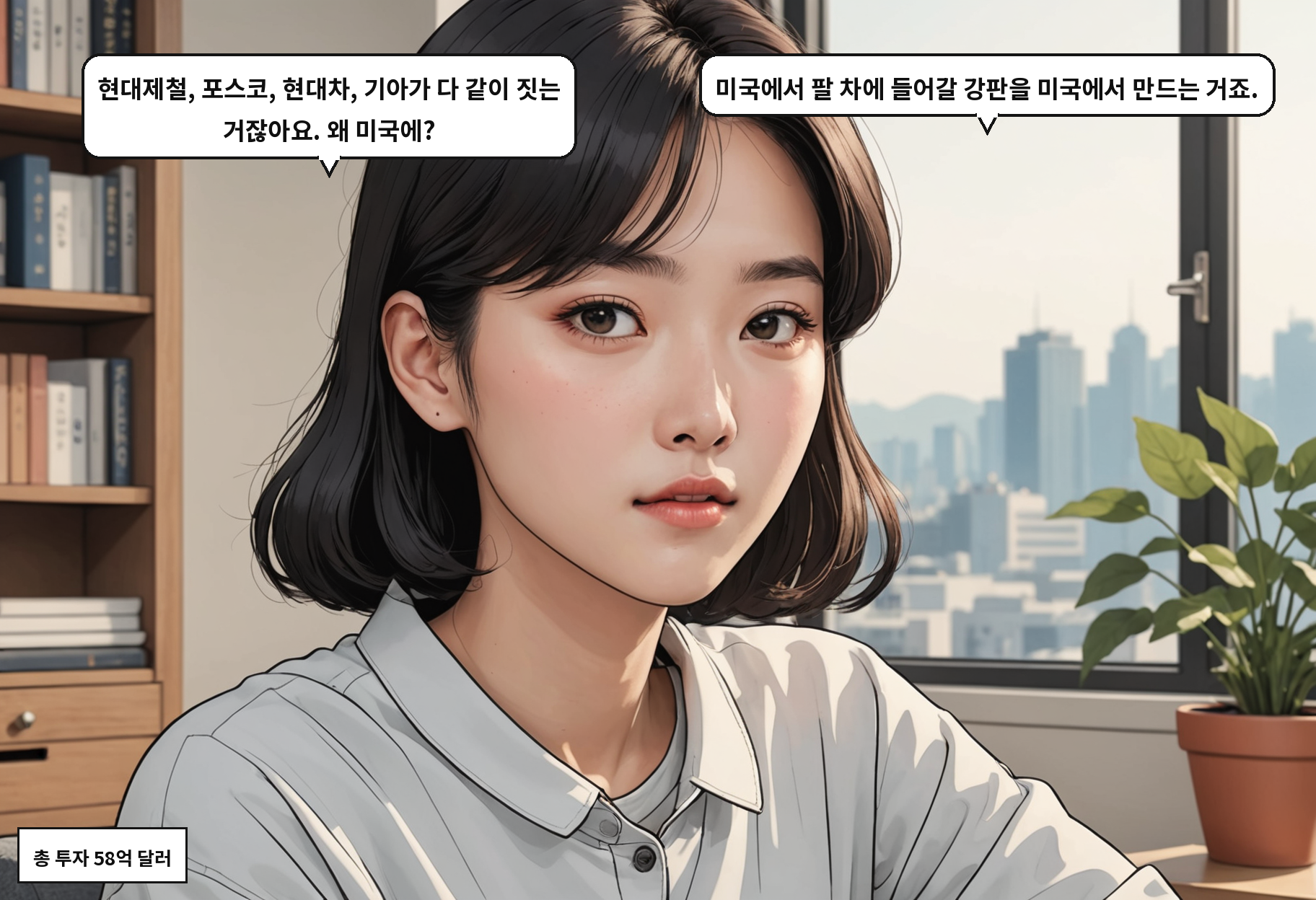 A: 현대제철, 포스코, 현대차, 기아가 다 같이 짓는 거잖아요. 왜 미국에? B: 미국에서 팔 차에 들어갈 강판을 미국에서 만드는 거죠.