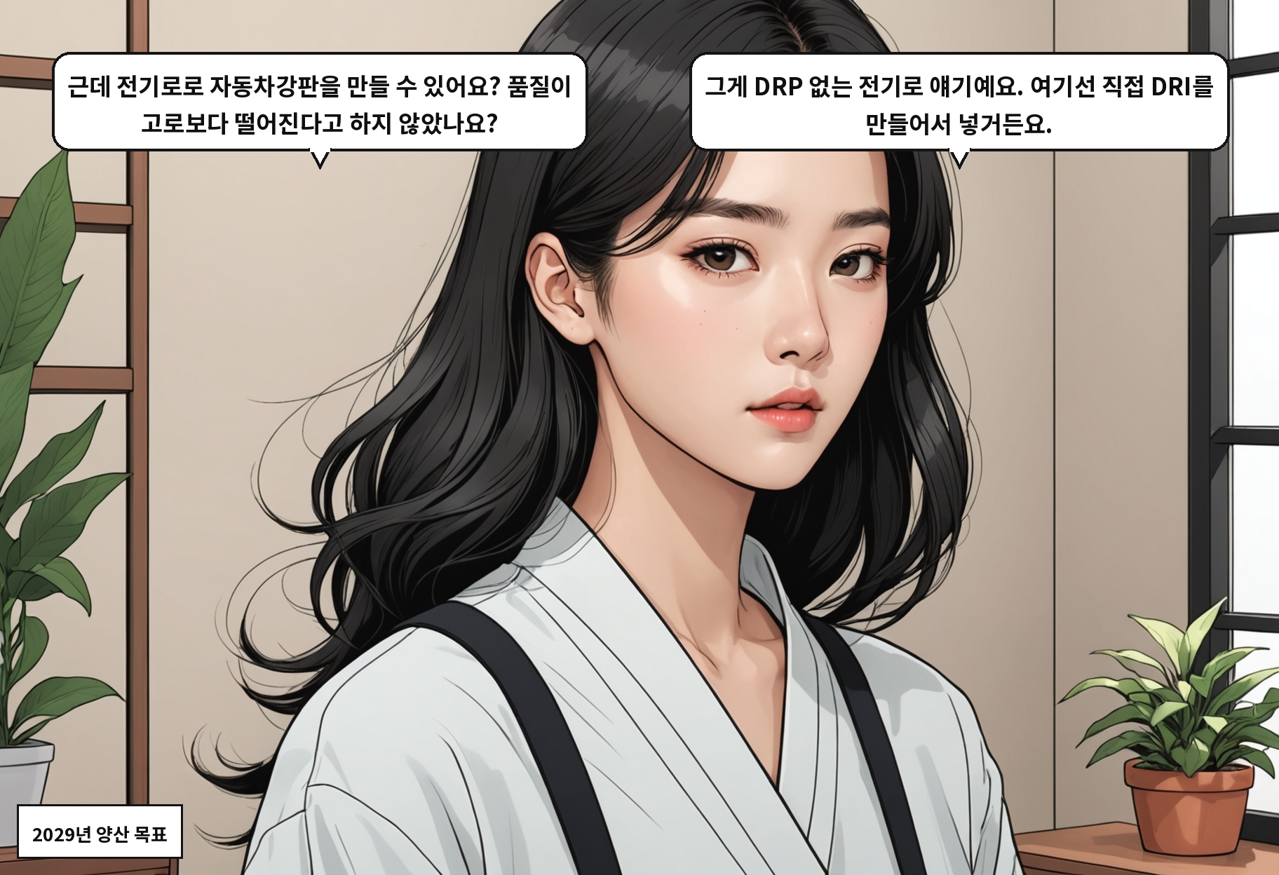 A: 근데 전기로로 자동차강판을 만들 수 있어요? 품질이 고로보다 떨어진다고 하지 않았나요? B: 그게 DRP 없는 전기로 얘기예요. 여기선 직접 DRI를 만들어서 넣거든요.