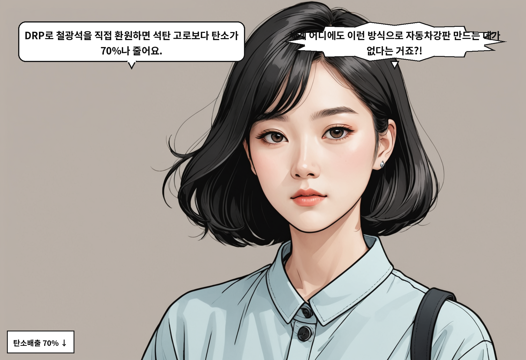 B: DRP로 철광석을 직접 환원하면 석탄 고로보다 탄소가 70%나 줄어요. A: 세계 어디에도 이런 방식으로 자동차강판 만드는 데가 없다는 거죠?!