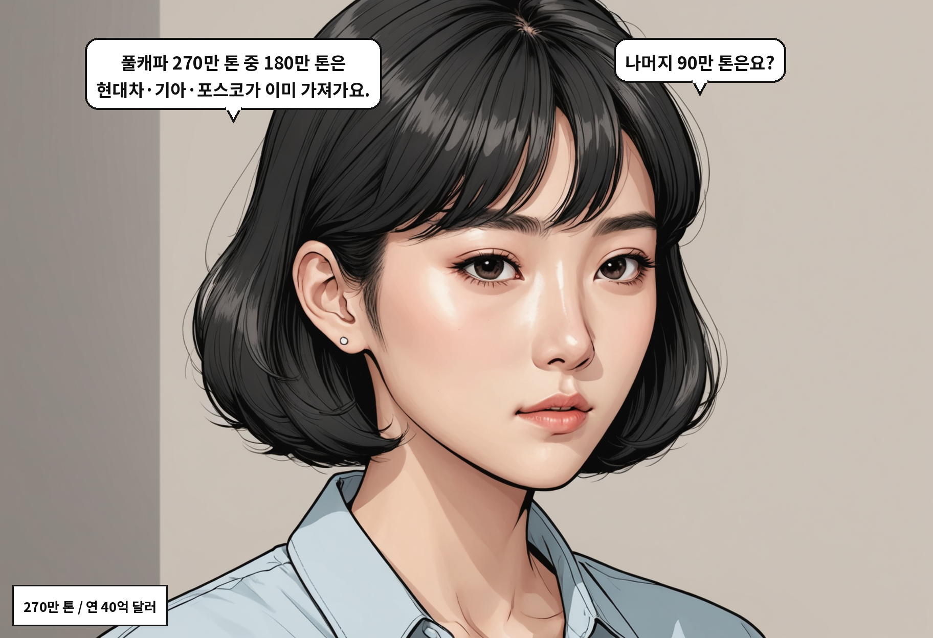 B: 풀캐파 270만 톤 중 180만 톤은 현대차·기아·포스코가 이미 가져가요. A: 나머지 90만 톤은요?