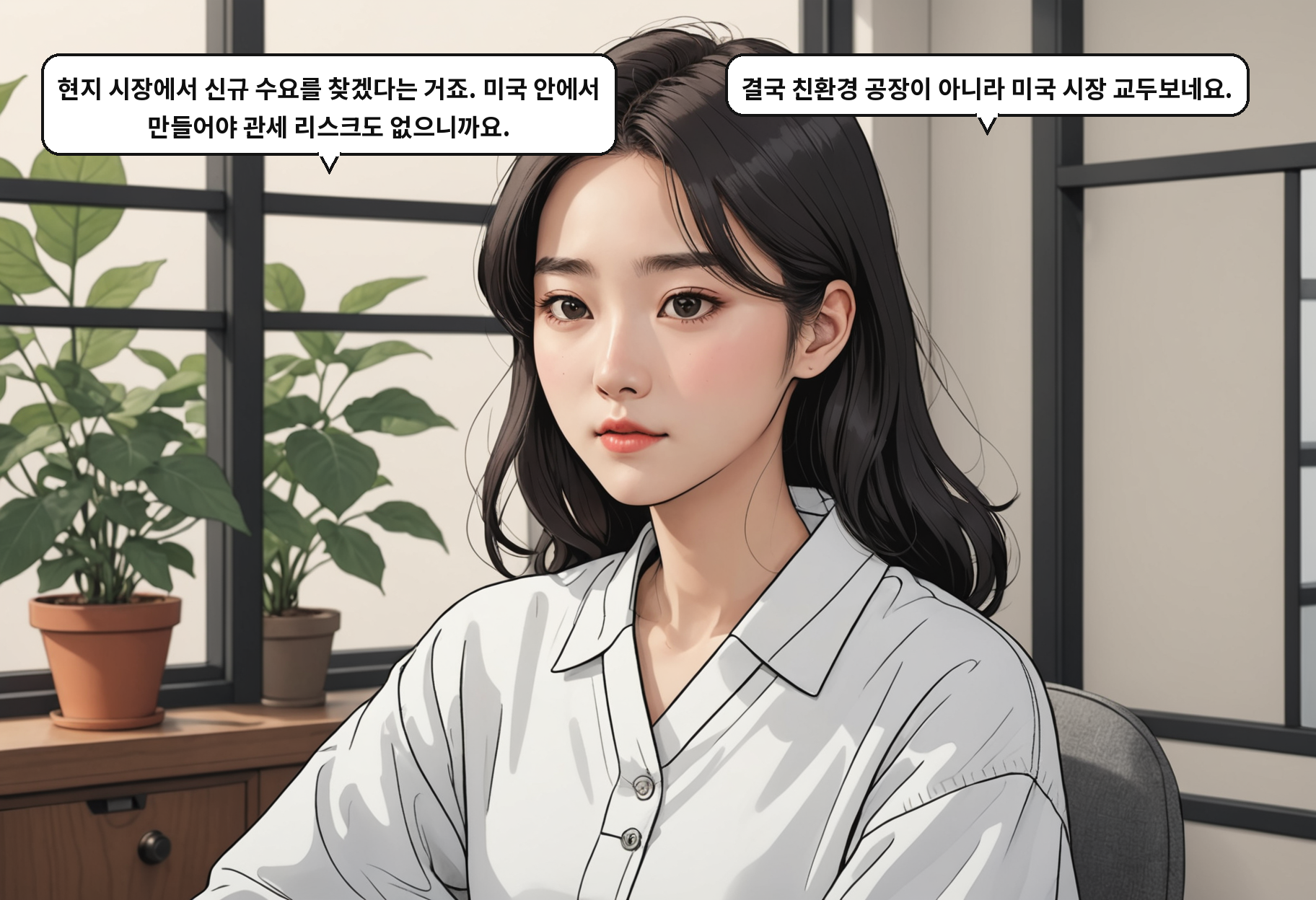 B: 현지 시장에서 신규 수요를 찾겠다는 거죠. 미국 안에서 만들어야 관세 리스크도 없으니까요. A: 결국 친환경 공장이 아니라 미국 시장 교두보네요.