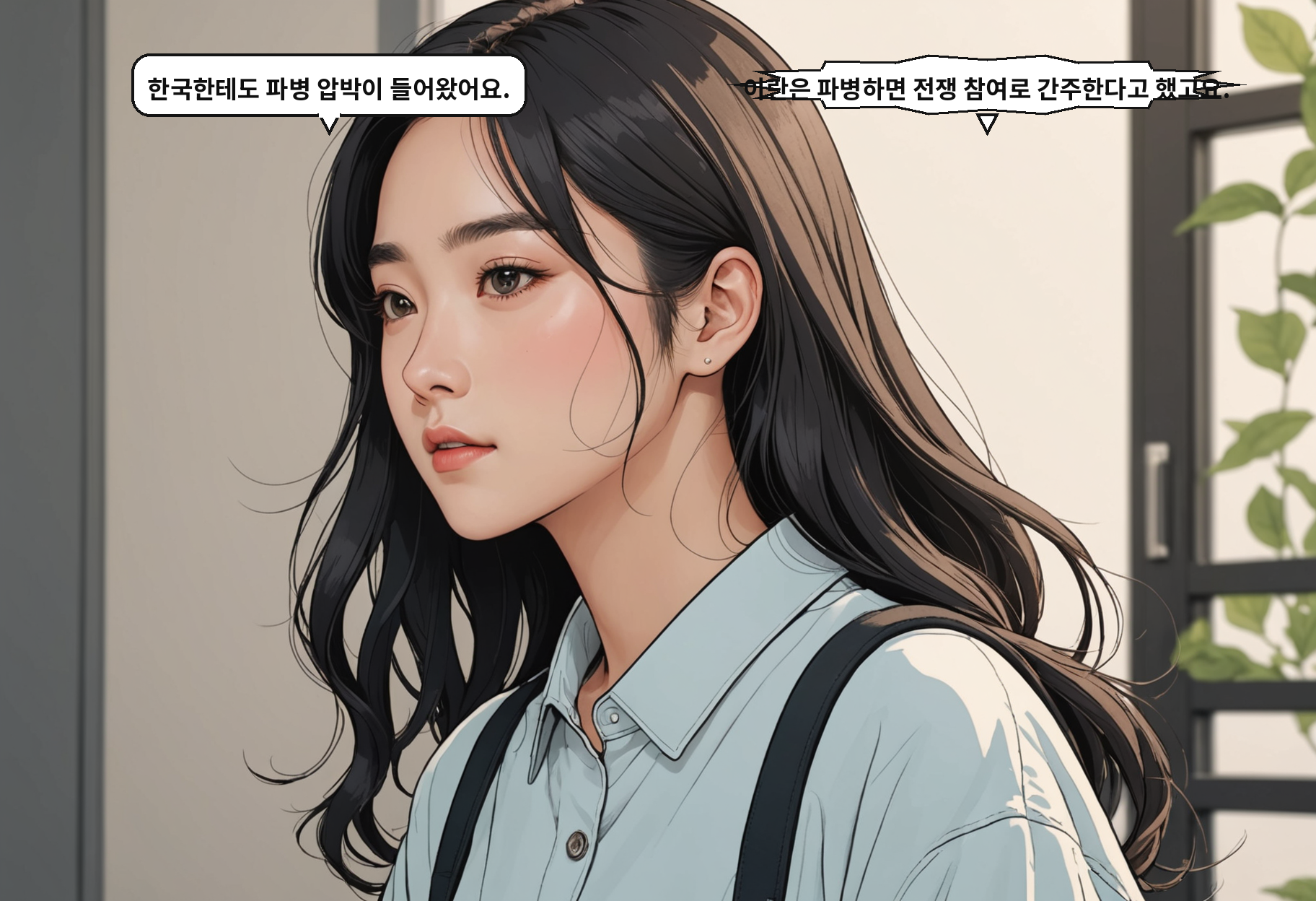 B: 한국한테도 파병 압박이 들어왔어요. A: 이란은 파병하면 전쟁 참여로 간주한다고 했고요.