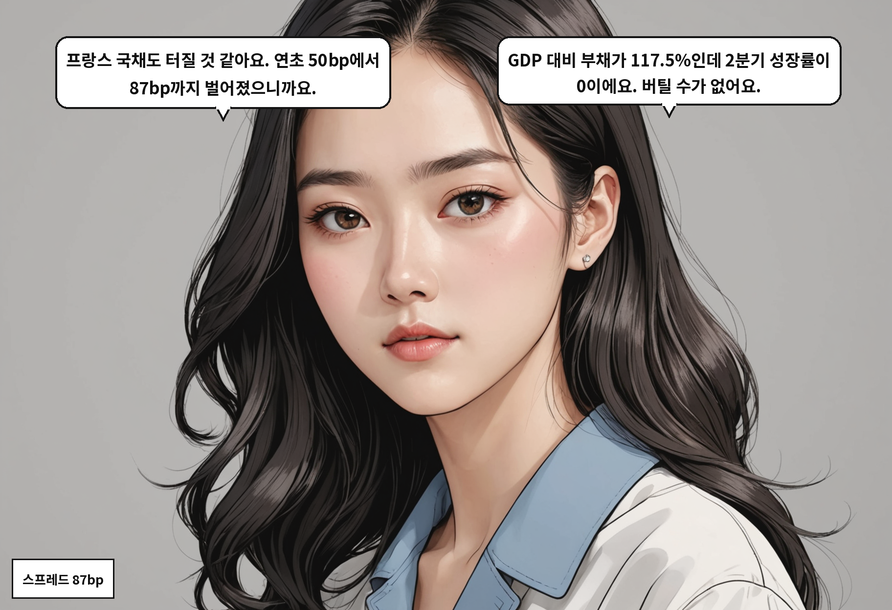 A: 프랑스 국채도 터질 것 같아요. 연초 50bp에서 87bp까지 벌어졌으니까요. B: GDP 대비 부채가 117.5%인데 2분기 성장률이 0이에요. 버틸 수가 없어요.
