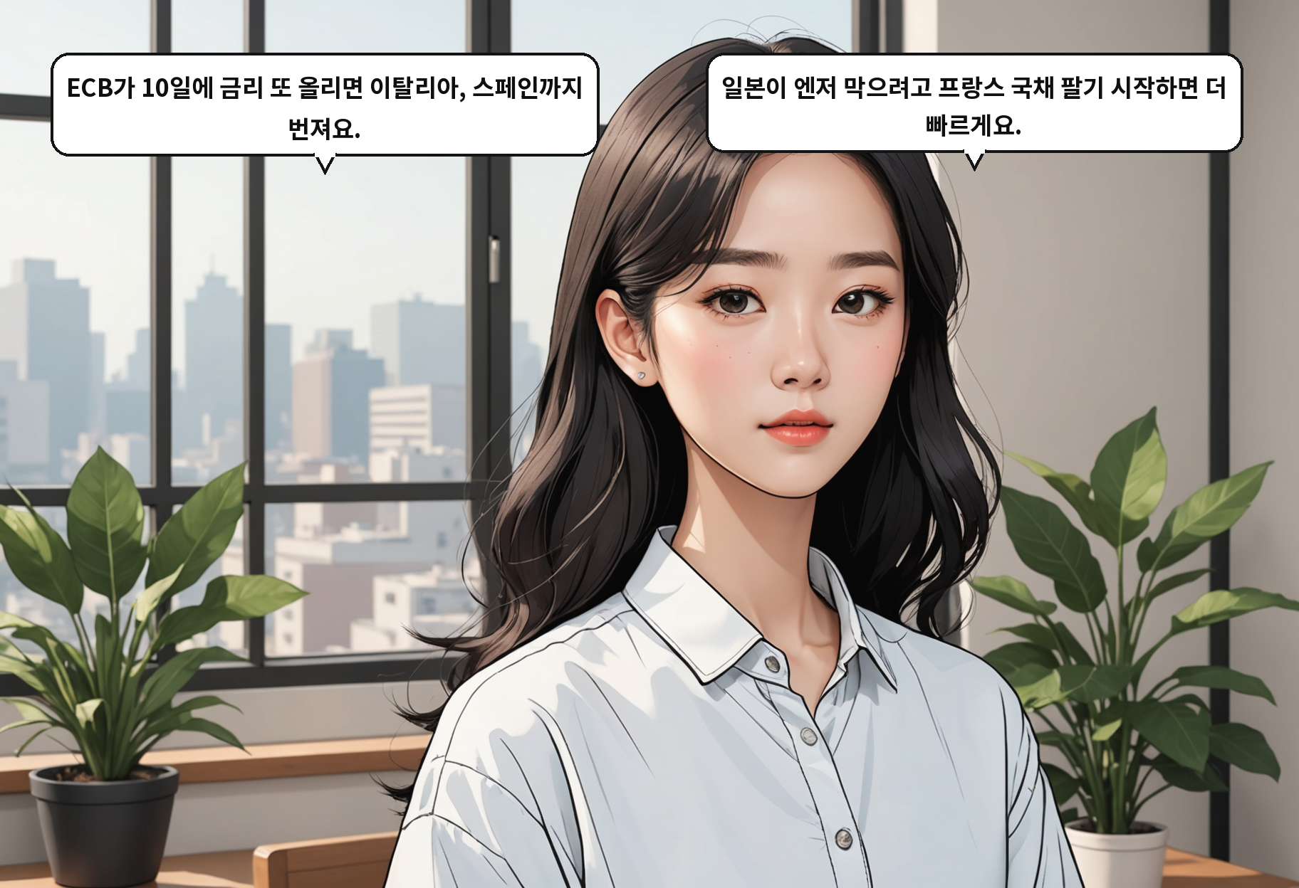 B: ECB가 10일에 금리 또 올리면 이탈리아, 스페인까지 번져요. A: 일본이 엔저 막으려고 프랑스 국채 팔기 시작하면 더 빠르게요.