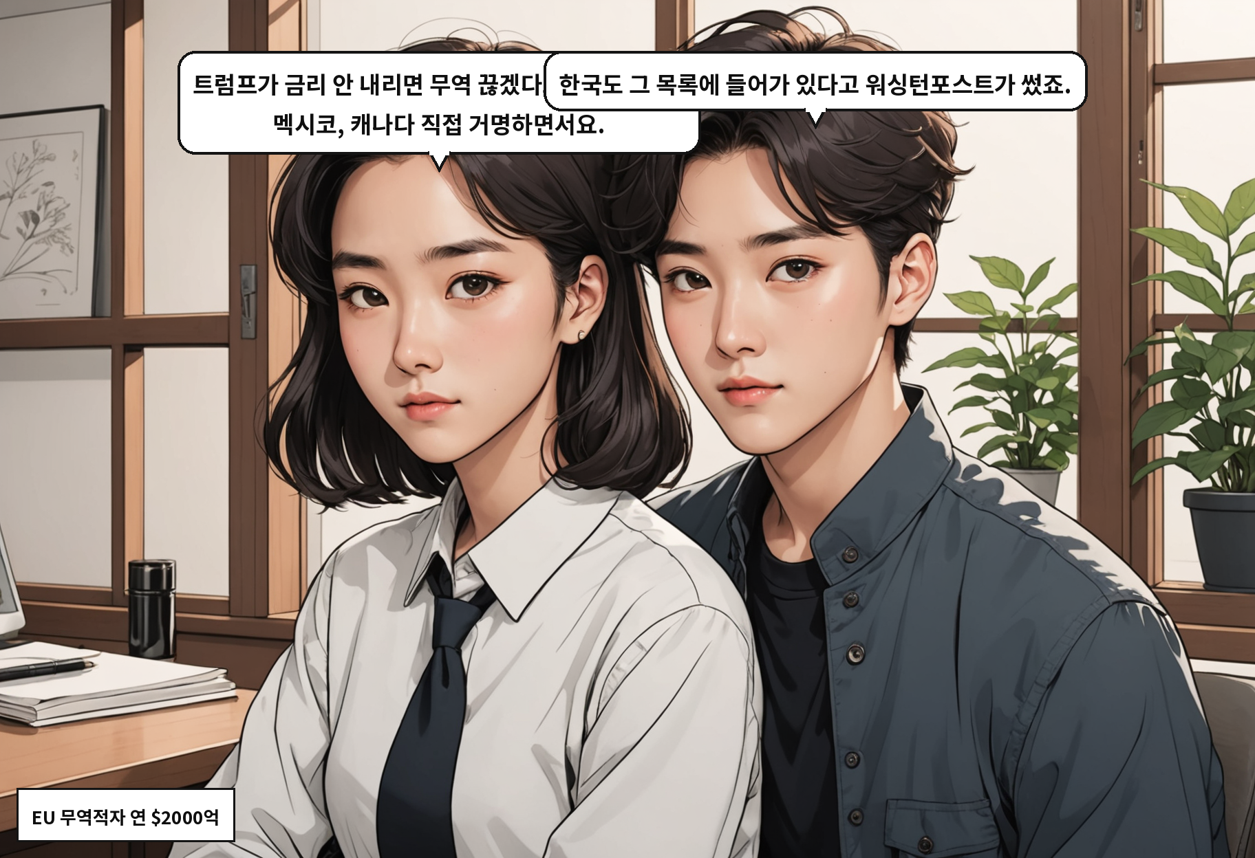 A: 트럼프가 금리 안 내리면 무역 끊겠다고 했어요. EU, 멕시코, 캐나다 직접 거명하면서요. B: 한국도 그 목록에 들어가 있다고 워싱턴포스트가 썼죠.