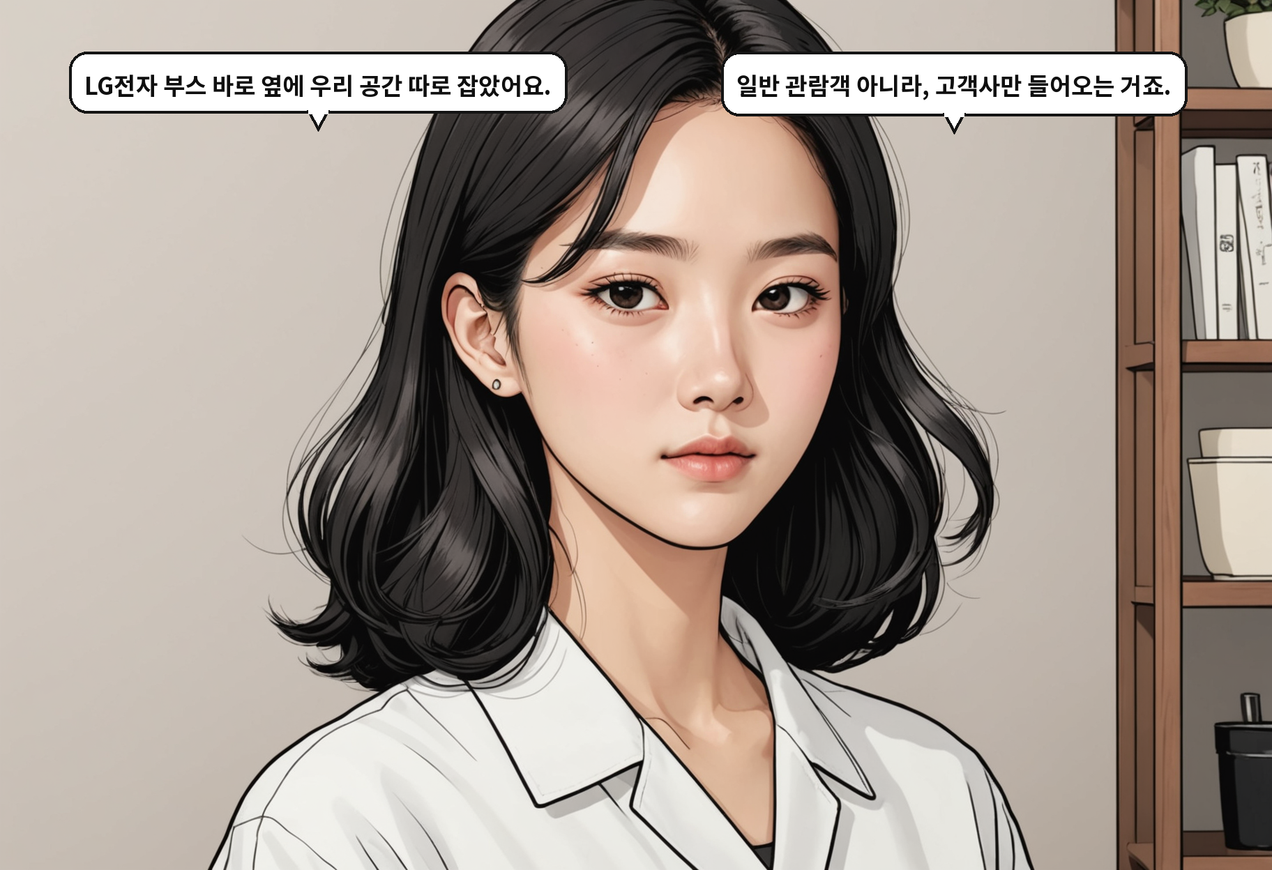 B: LG전자 부스 바로 옆에 우리 공간 따로 잡았어요. A: 일반 관람객 아니라, 고객사만 들어오는 거죠.