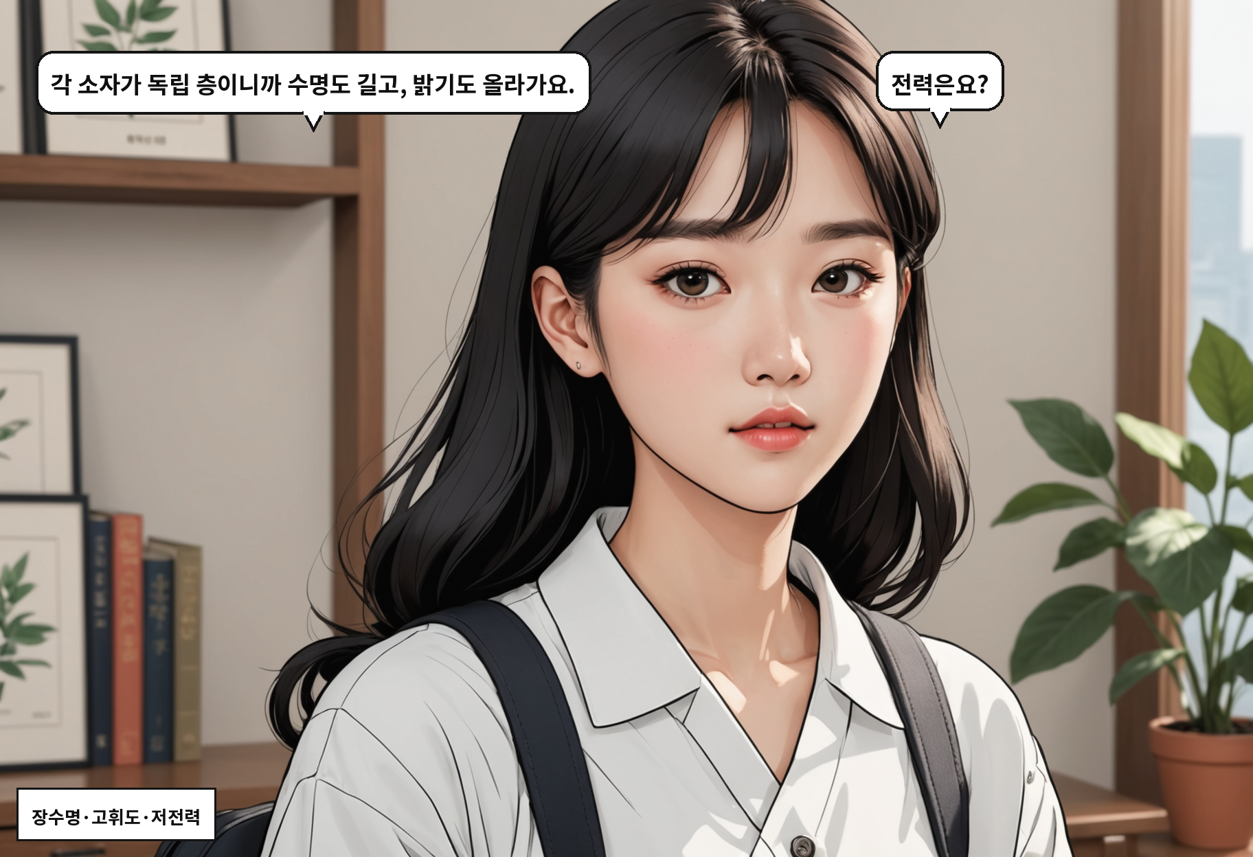 B: 각 소자가 독립 층이니까 수명도 길고, 밝기도 올라가요. A: 전력은요?