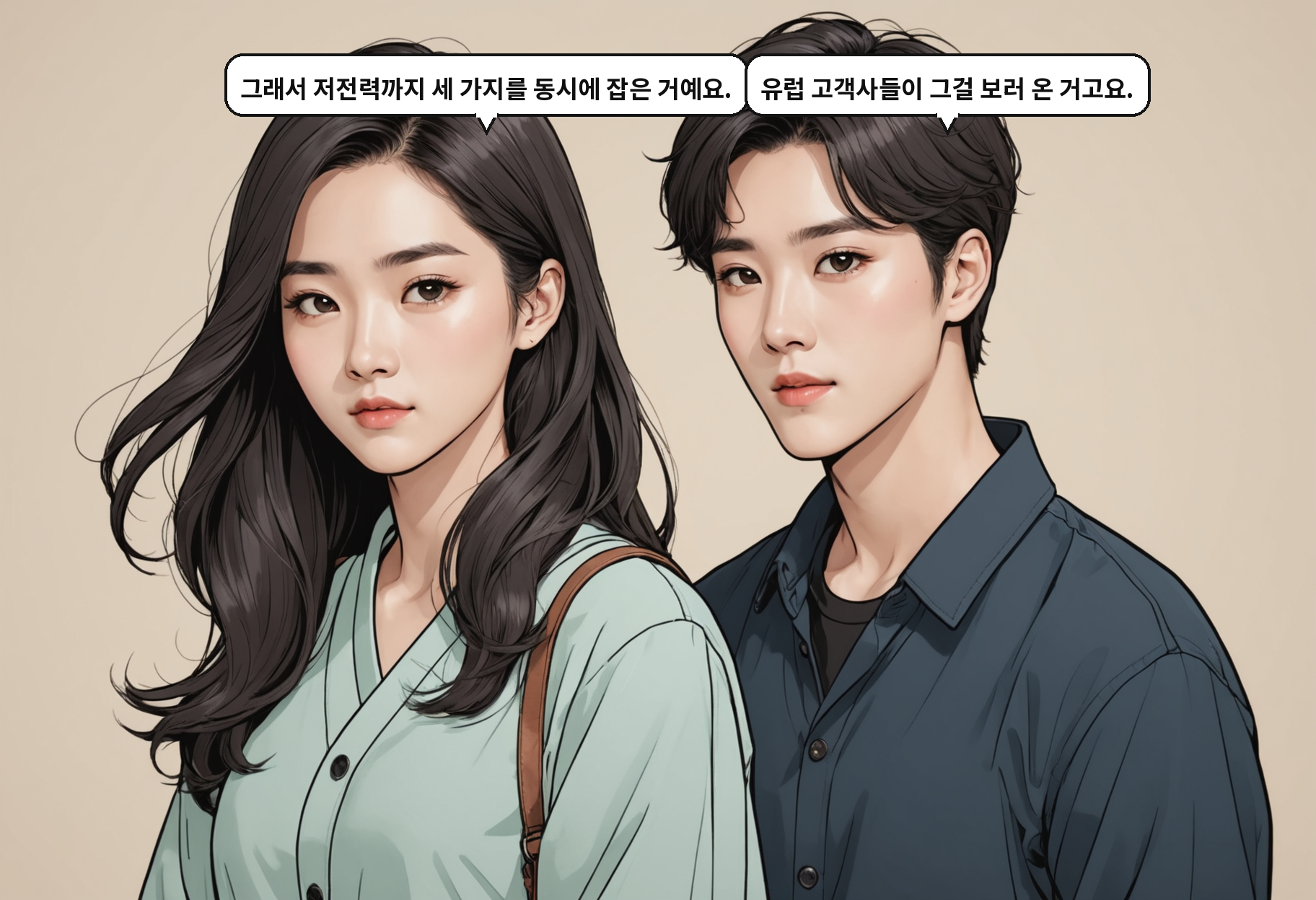 B: 그래서 저전력까지 세 가지를 동시에 잡은 거예요. A: 유럽 고객사들이 그걸 보러 온 거고요.