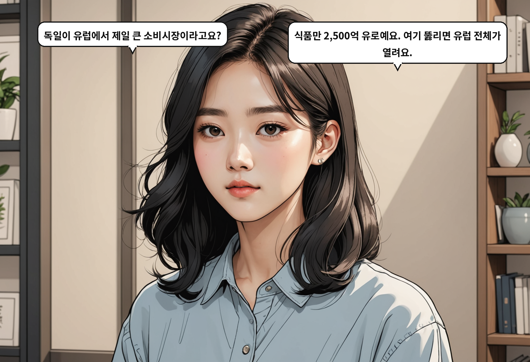 A: 독일이 유럽에서 제일 큰 소비시장이라고요? B: 식품만 2,500억 유로예요. 여기 뚫리면 유럽 전체가 열려요.