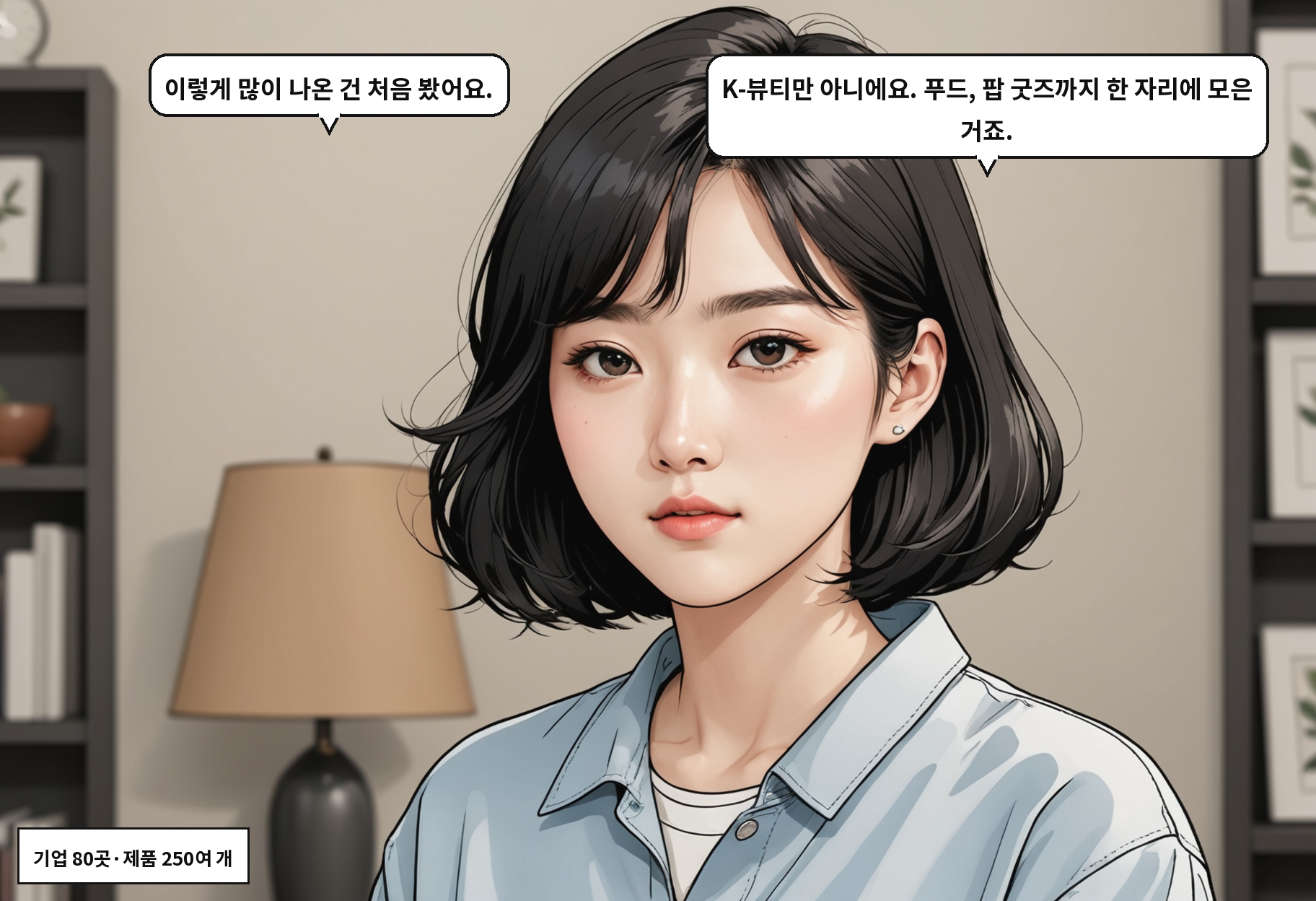 A: 이렇게 많이 나온 건 처음 봤어요. B: K-뷰티만 아니에요. 푸드, 팝 굿즈까지 한 자리에 모은 거죠.