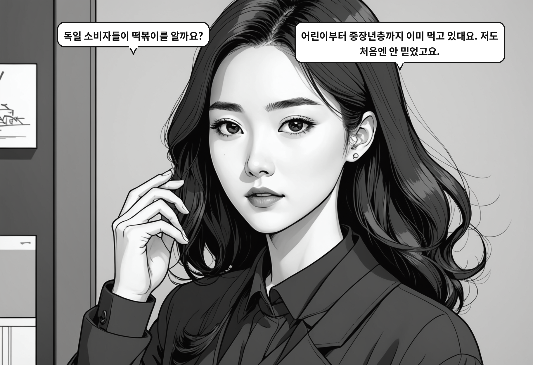 A: 독일 소비자들이 떡볶이를 알까요? B: 어린이부터 중장년층까지 이미 먹고 있대요. 저도 처음엔 안 믿었고요.