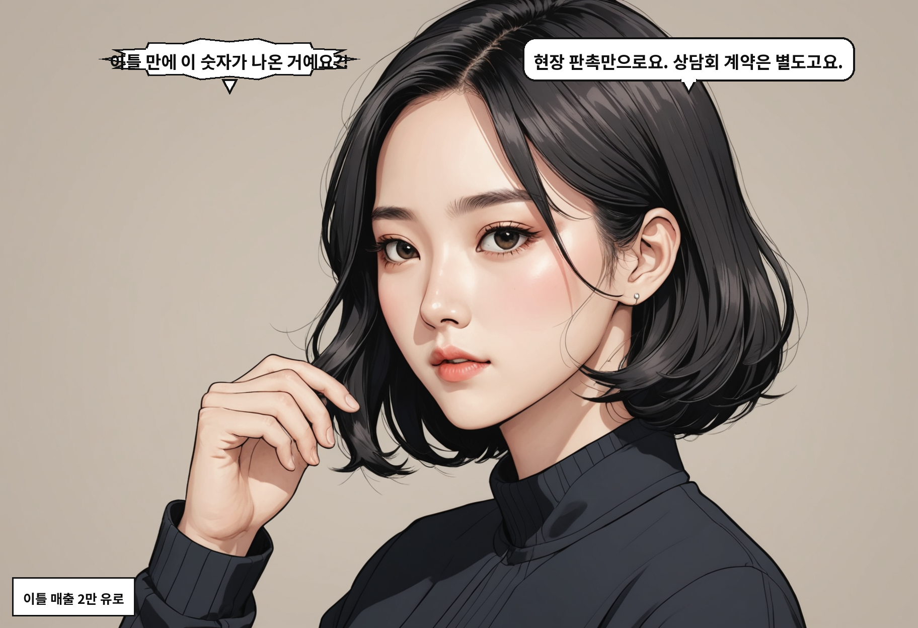 A: 이틀 만에 이 숫자가 나온 거예요?! B: 현장 판촉만으로요. 상담회 계약은 별도고요.