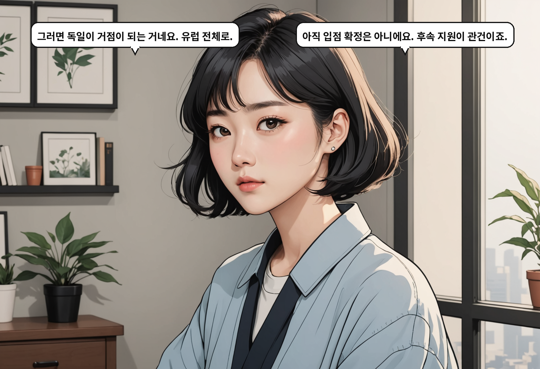 A: 그러면 독일이 거점이 되는 거네요. 유럽 전체로. B: 아직 입점 확정은 아니에요. 후속 지원이 관건이죠.