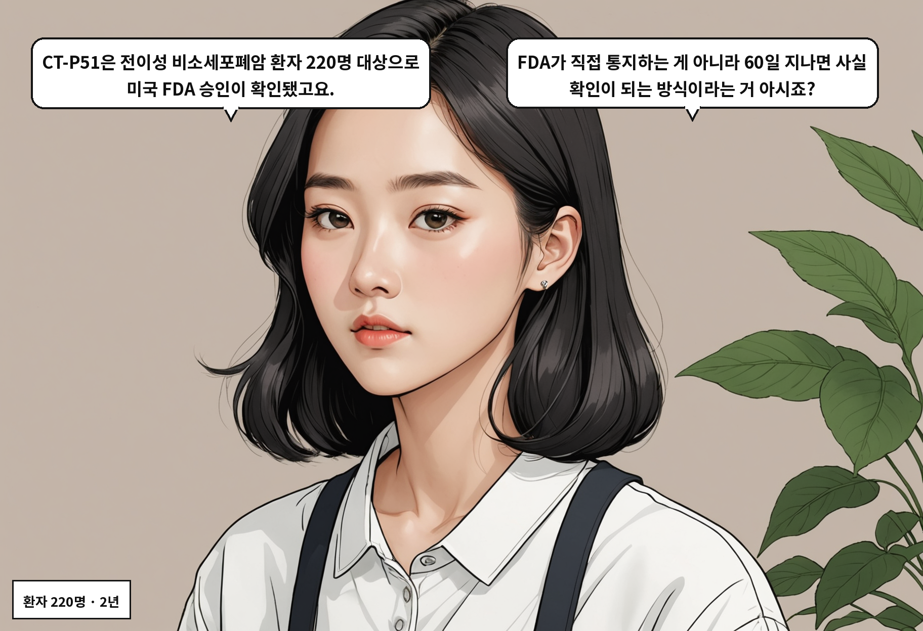 A: CT-P51은 전이성 비소세포폐암 환자 220명 대상으로 미국 FDA 승인이 확인됐고요. B: FDA가 직접 통지하는 게 아니라 60일 지나면 사실 확인이 되는 방식이라는 거 아시죠?