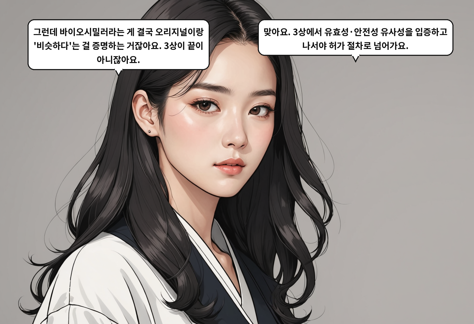 B: 그런데 바이오시밀러라는 게 결국 오리지널이랑 '비슷하다'는 걸 증명하는 거잖아요. 3상이 끝이 아니잖아요. A: 맞아요. 3상에서 유효성·안전성 유사성을 입증하고 나서야 허가 절차로 넘어가요.