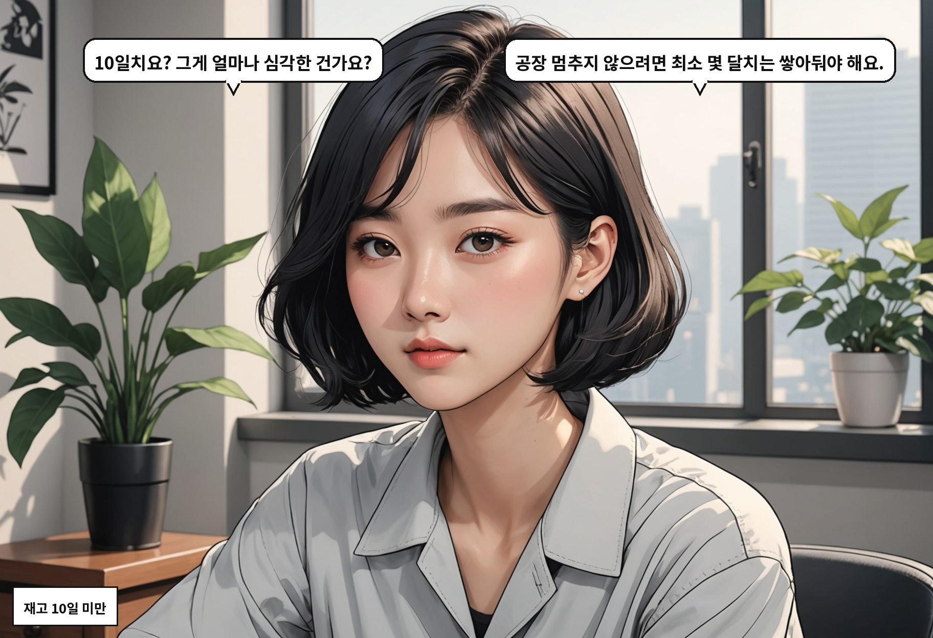 B: 10일치요? 그게 얼마나 심각한 건가요? A: 공장 멈추지 않으려면 최소 몇 달치는 쌓아둬야 해요.