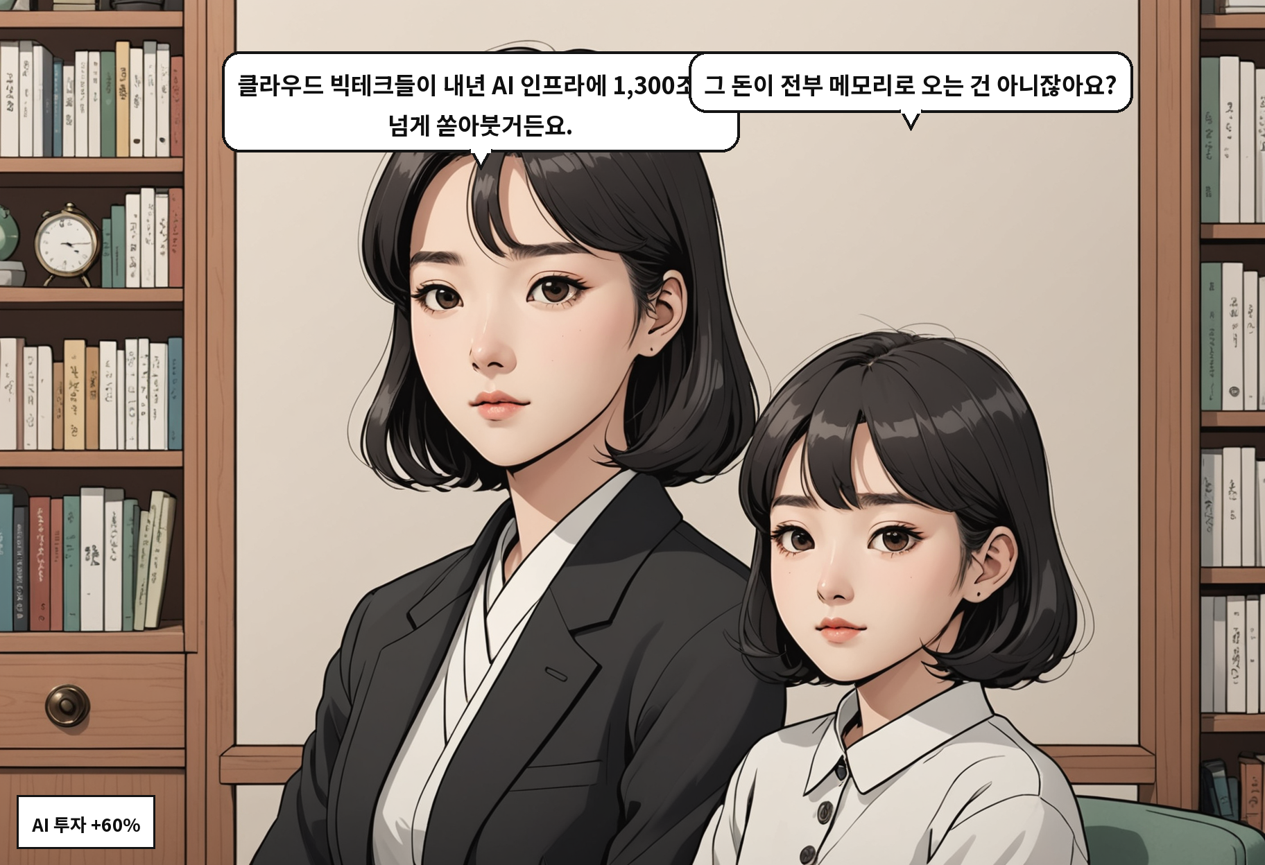 A: 클라우드 빅테크들이 내년 AI 인프라에 1,300조 원 넘게 쏟아붓거든요. B: 그 돈이 전부 메모리로 오는 건 아니잖아요?