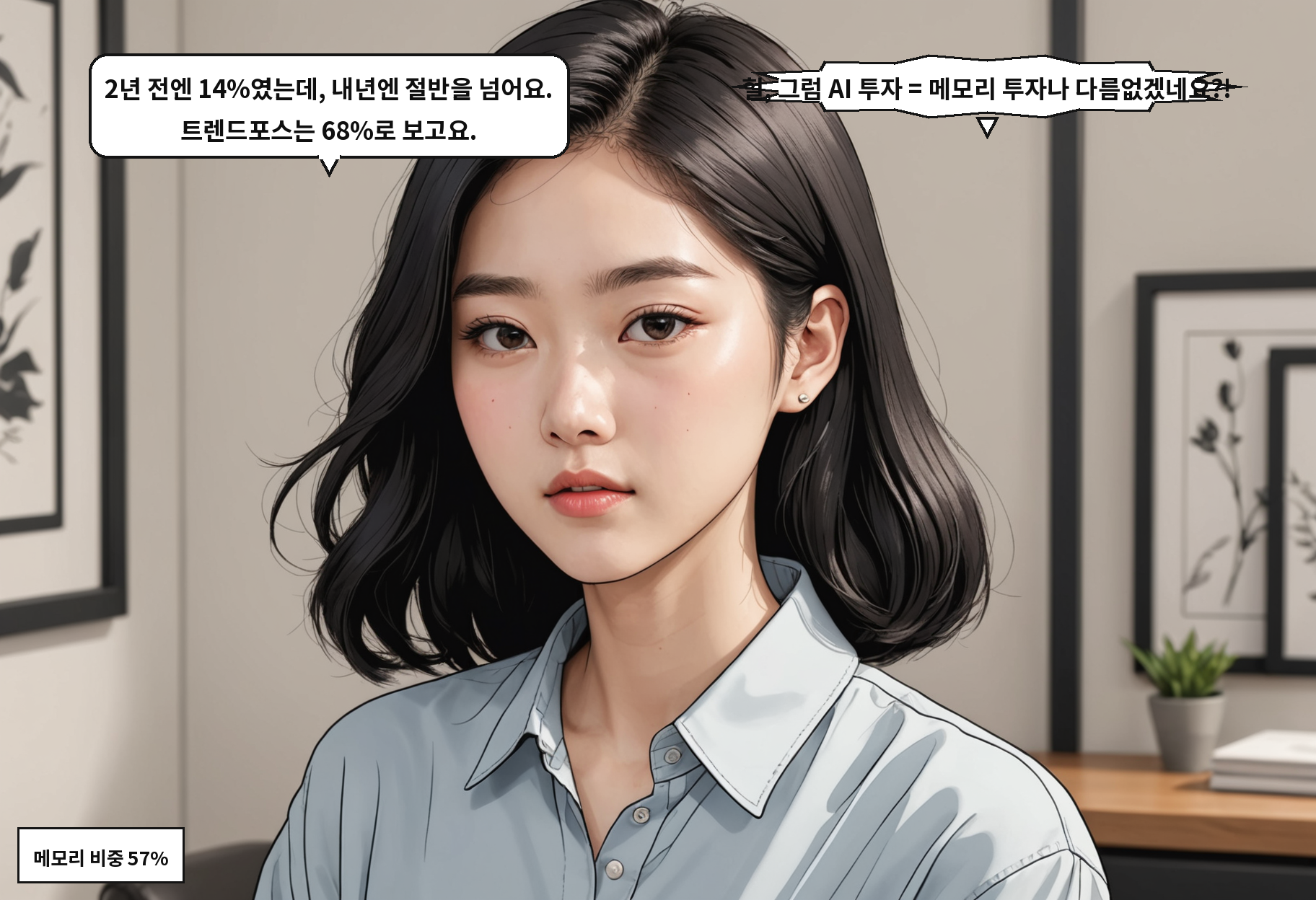 A: 2년 전엔 14%였는데, 내년엔 절반을 넘어요. 트렌드포스는 68%로 보고요. B: 헐, 그럼 AI 투자 = 메모리 투자나 다름없겠네요?!