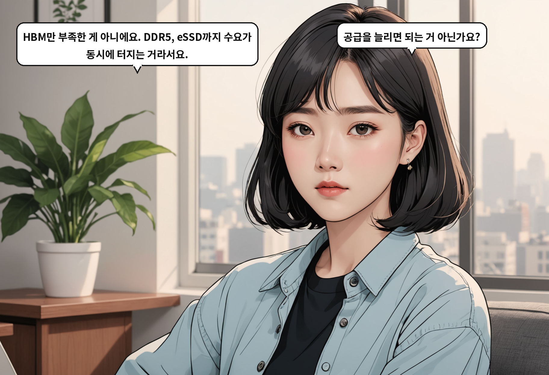 A: HBM만 부족한 게 아니에요. DDR5, eSSD까지 수요가 동시에 터지는 거라서요. B: 공급을 늘리면 되는 거 아닌가요?