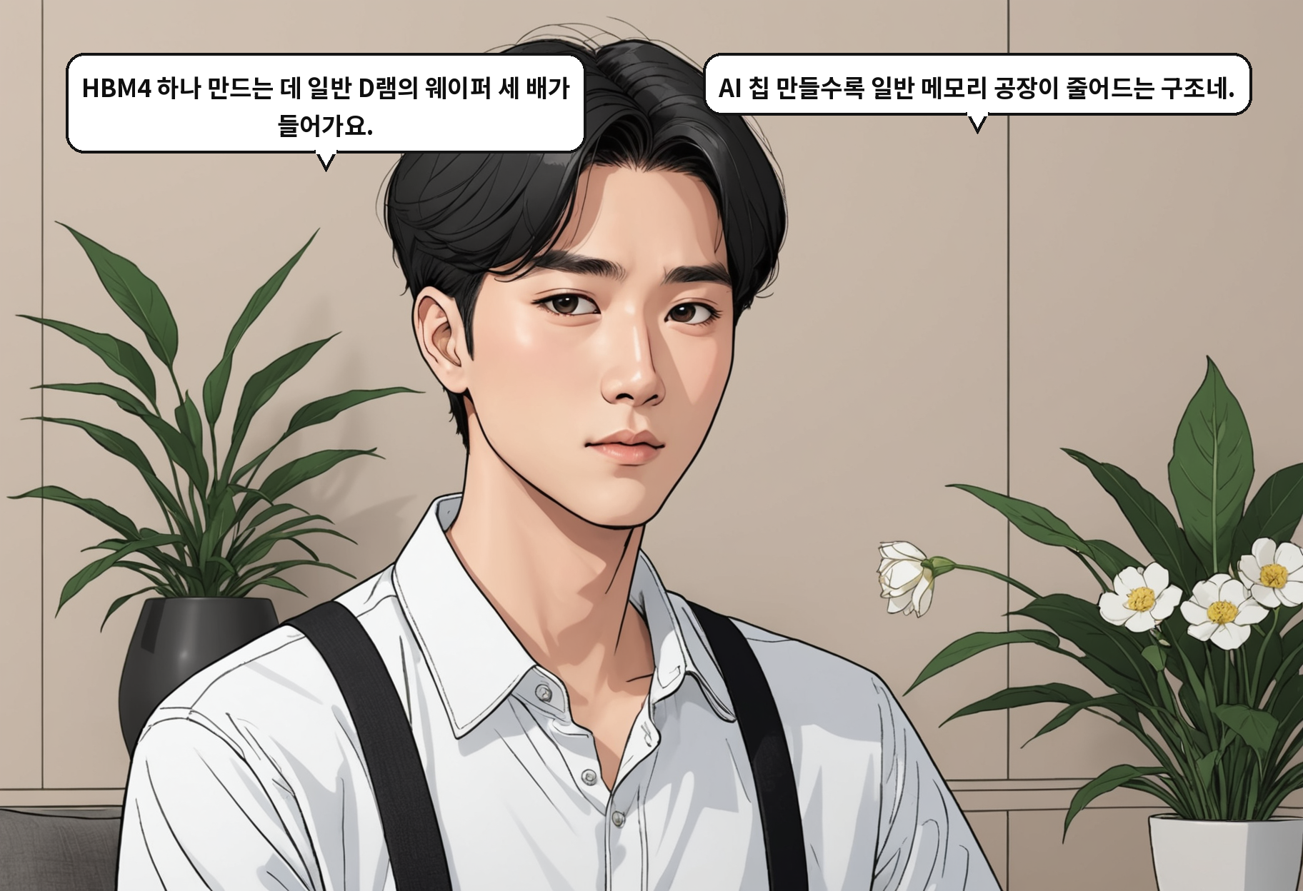 A: HBM4 하나 만드는 데 일반 D램의 웨이퍼 세 배가 들어가요. B: AI 칩 만들수록 일반 메모리 공장이 줄어드는 구조네.