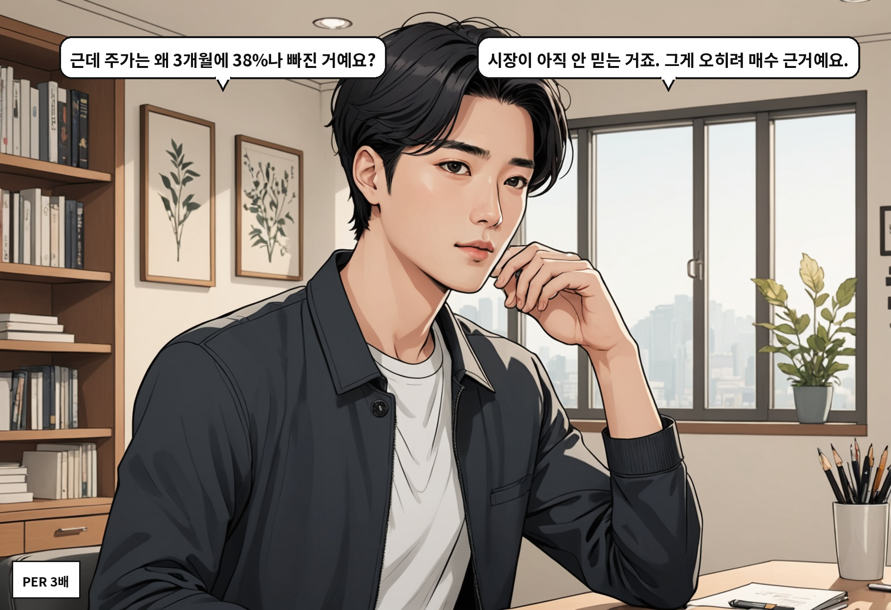 B: 근데 주가는 왜 3개월에 38%나 빠진 거예요? A: 시장이 아직 안 믿는 거죠. 그게 오히려 매수 근거예요.