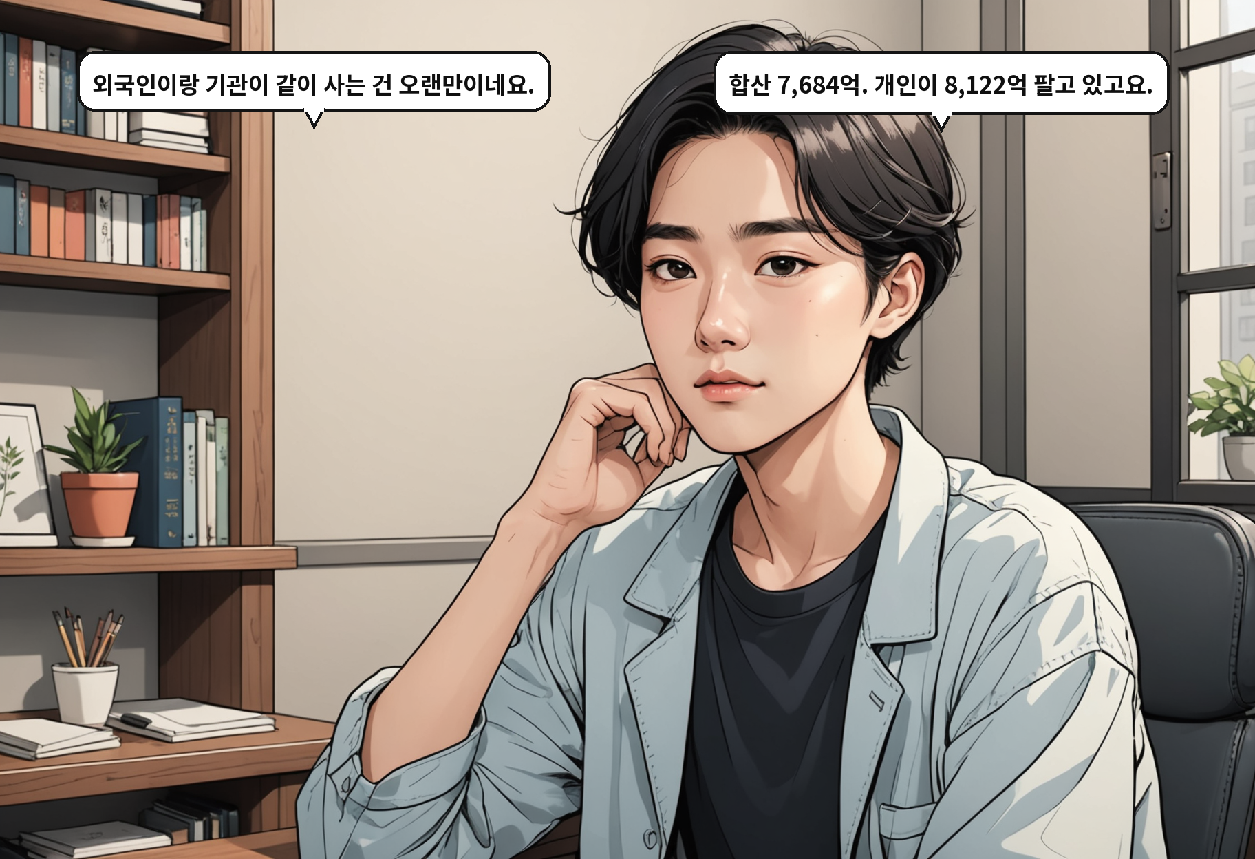 B: 외국인이랑 기관이 같이 사는 건 오랜만이네요. A: 합산 7,684억. 개인이 8,122억 팔고 있고요.