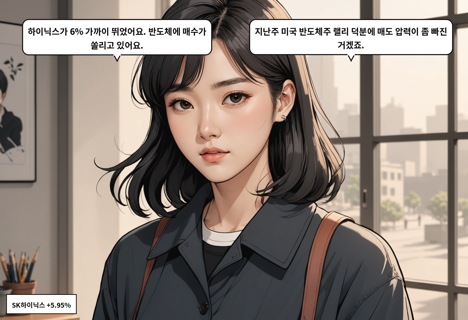 A: 하이닉스가 6% 가까이 뛰었어요. 반도체에 매수가 쏠리고 있어요. B: 지난주 미국 반도체주 랠리 덕분에 매도 압력이 좀 빠진 거겠죠.