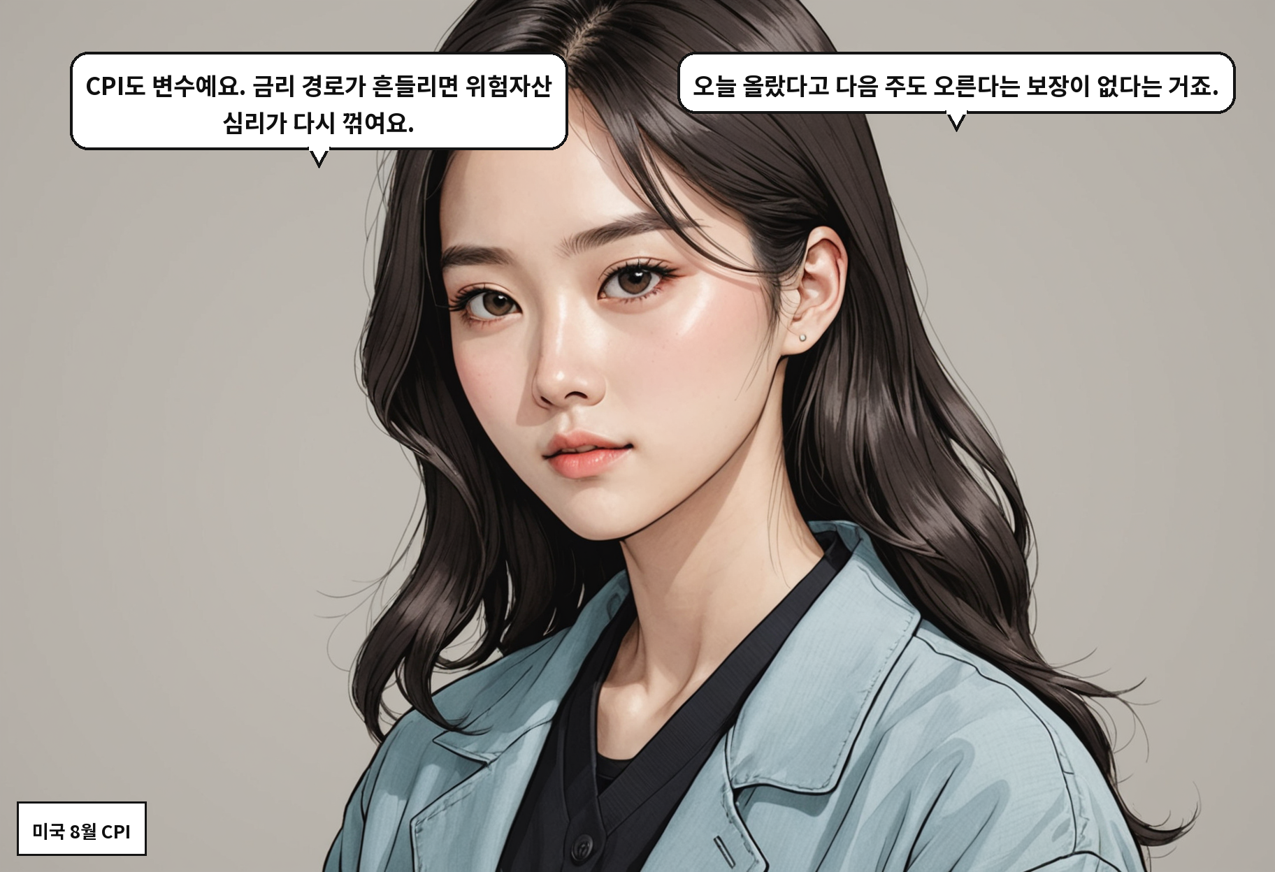 A: CPI도 변수예요. 금리 경로가 흔들리면 위험자산 심리가 다시 꺾여요. B: 오늘 올랐다고 다음 주도 오른다는 보장이 없다는 거죠.
