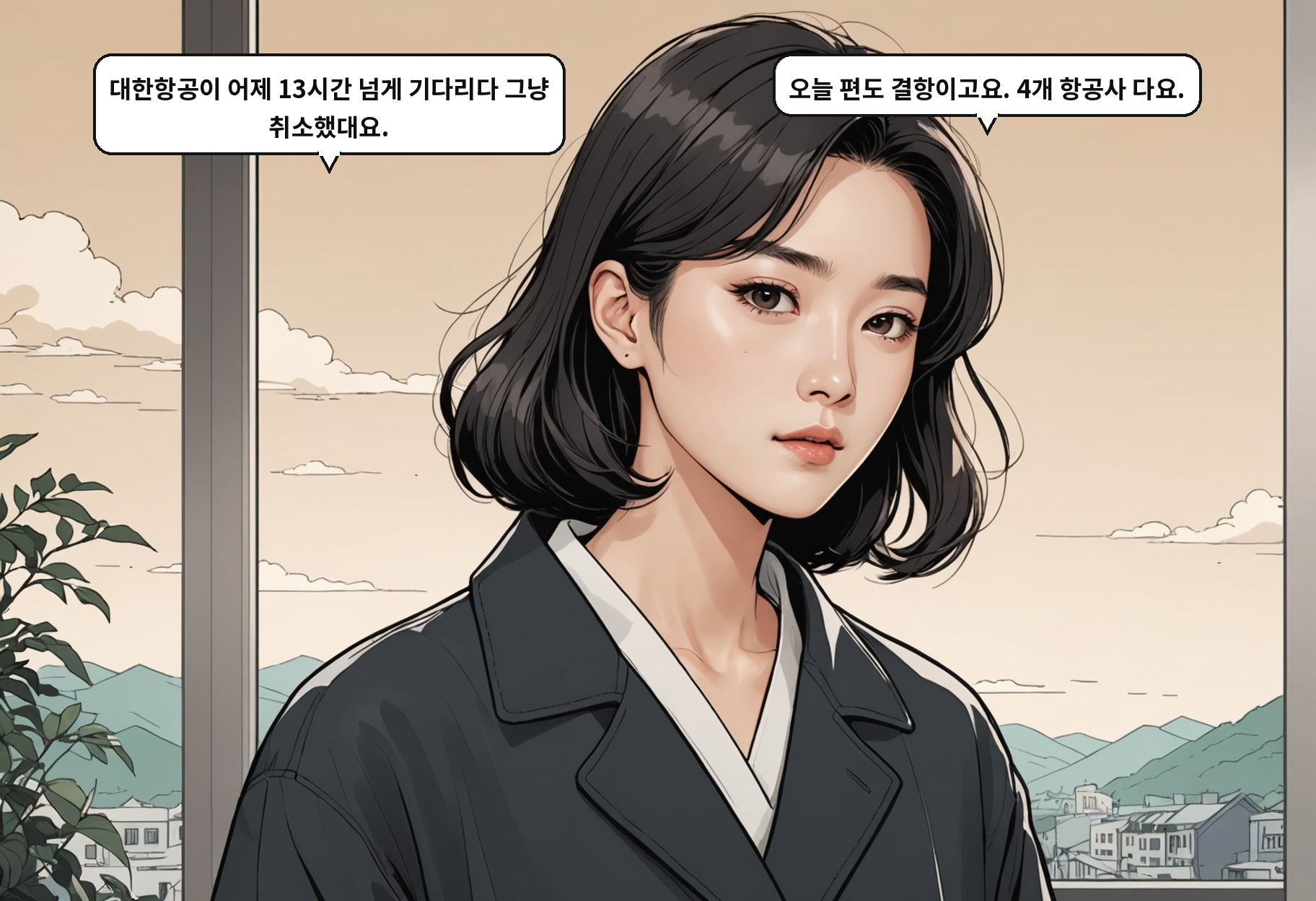 A: 대한항공이 어제 13시간 넘게 기다리다 그냥 취소했대요. B: 오늘 편도 결항이고요. 4개 항공사 다요.