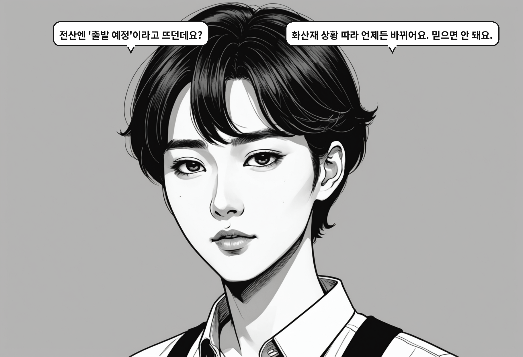 A: 전산엔 '출발 예정'이라고 뜨던데요? B: 화산재 상황 따라 언제든 바뀌어요. 믿으면 안 돼요.