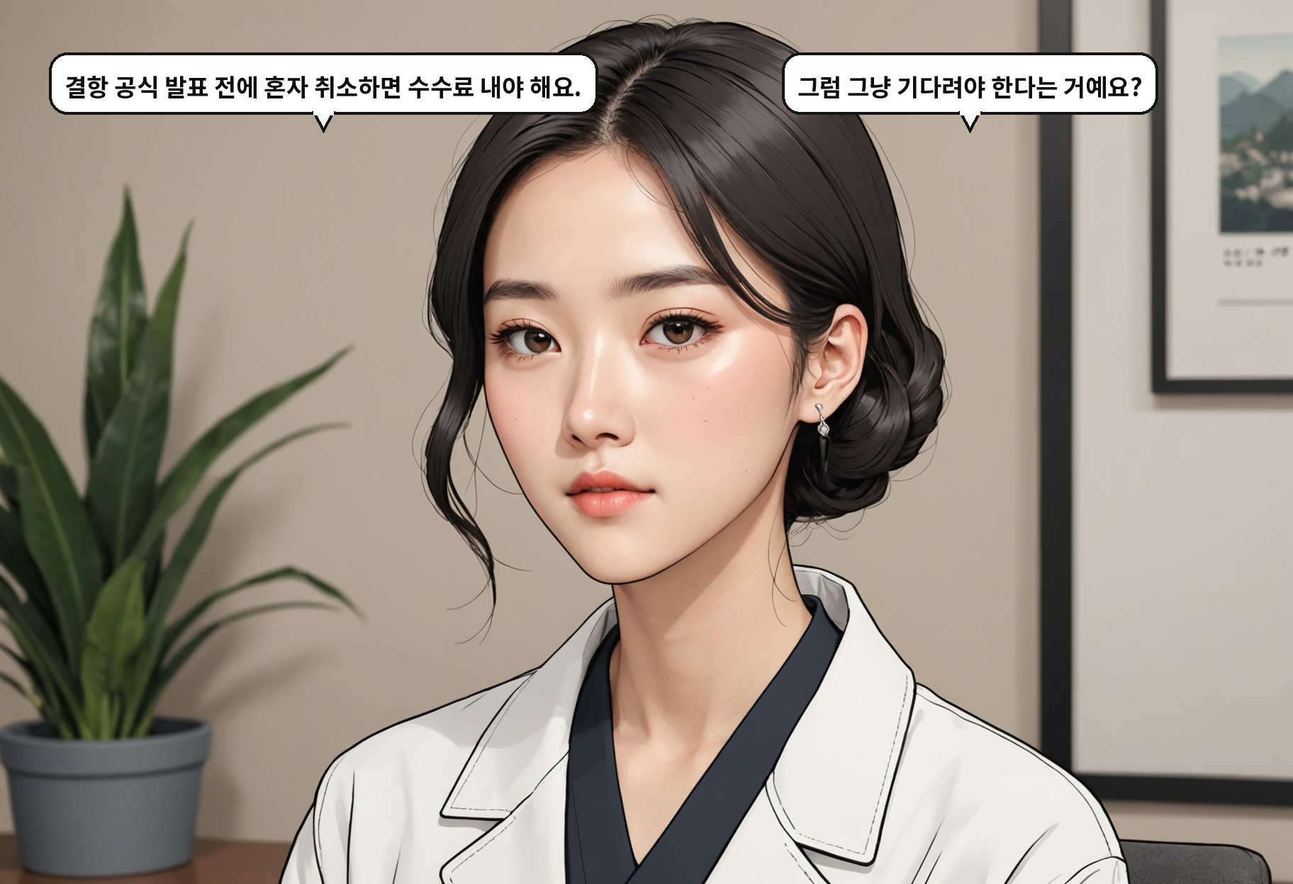 B: 결항 공식 발표 전에 혼자 취소하면 수수료 내야 해요. A: 그럼 그냥 기다려야 한다는 거예요?