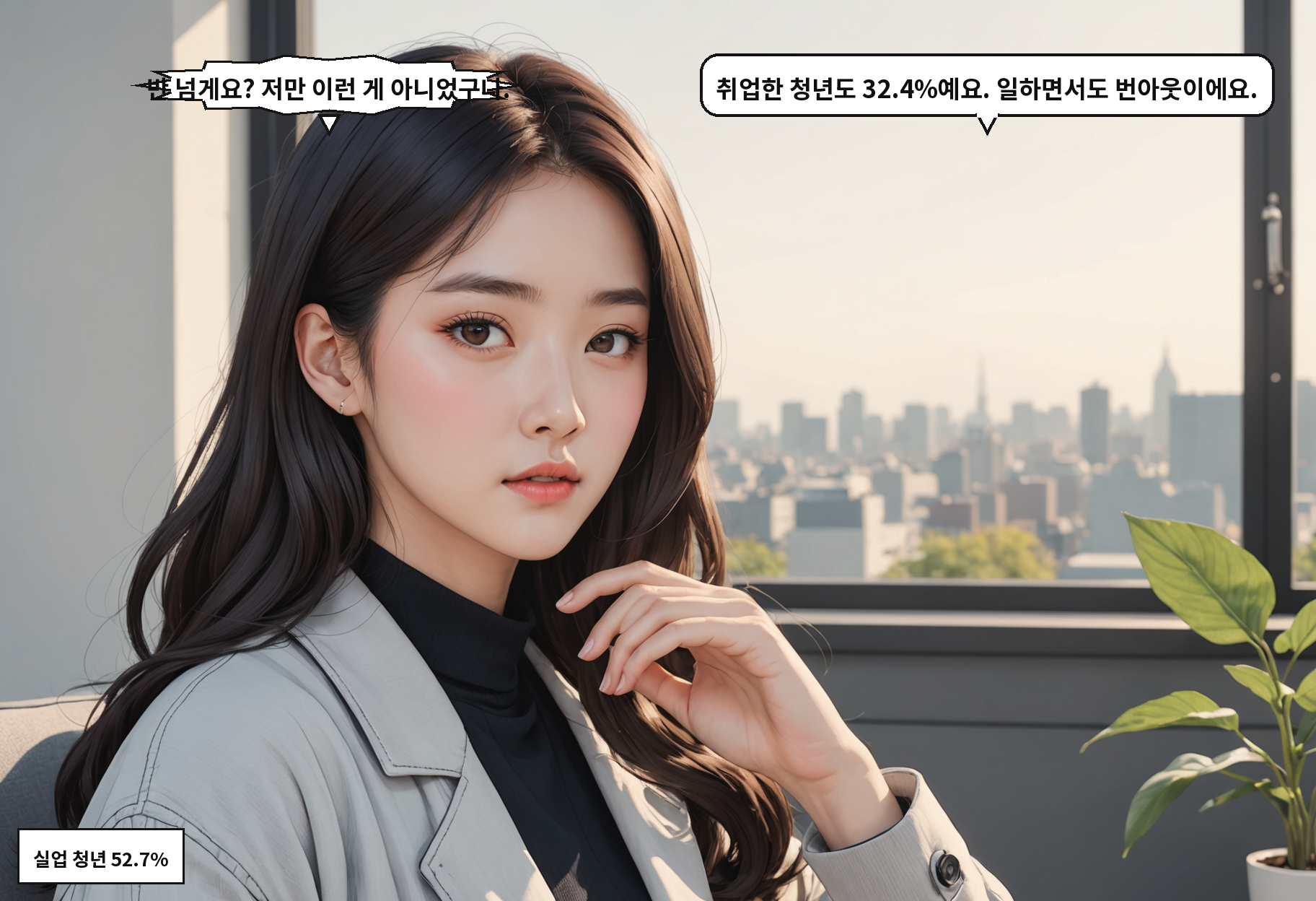 A: 반 넘게요? 저만 이런 게 아니었구나. B: 취업한 청년도 32.4%예요. 일하면서도 번아웃이에요.