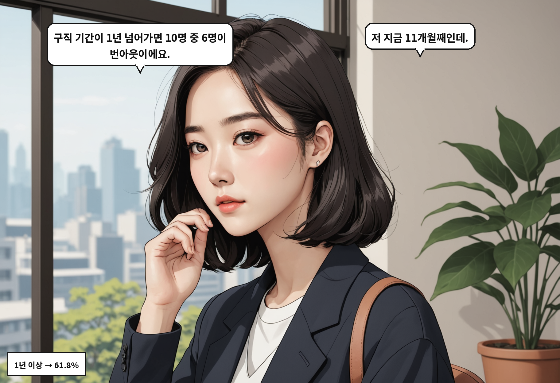 B: 구직 기간이 1년 넘어가면 10명 중 6명이 번아웃이에요. A: 저 지금 11개월째인데.