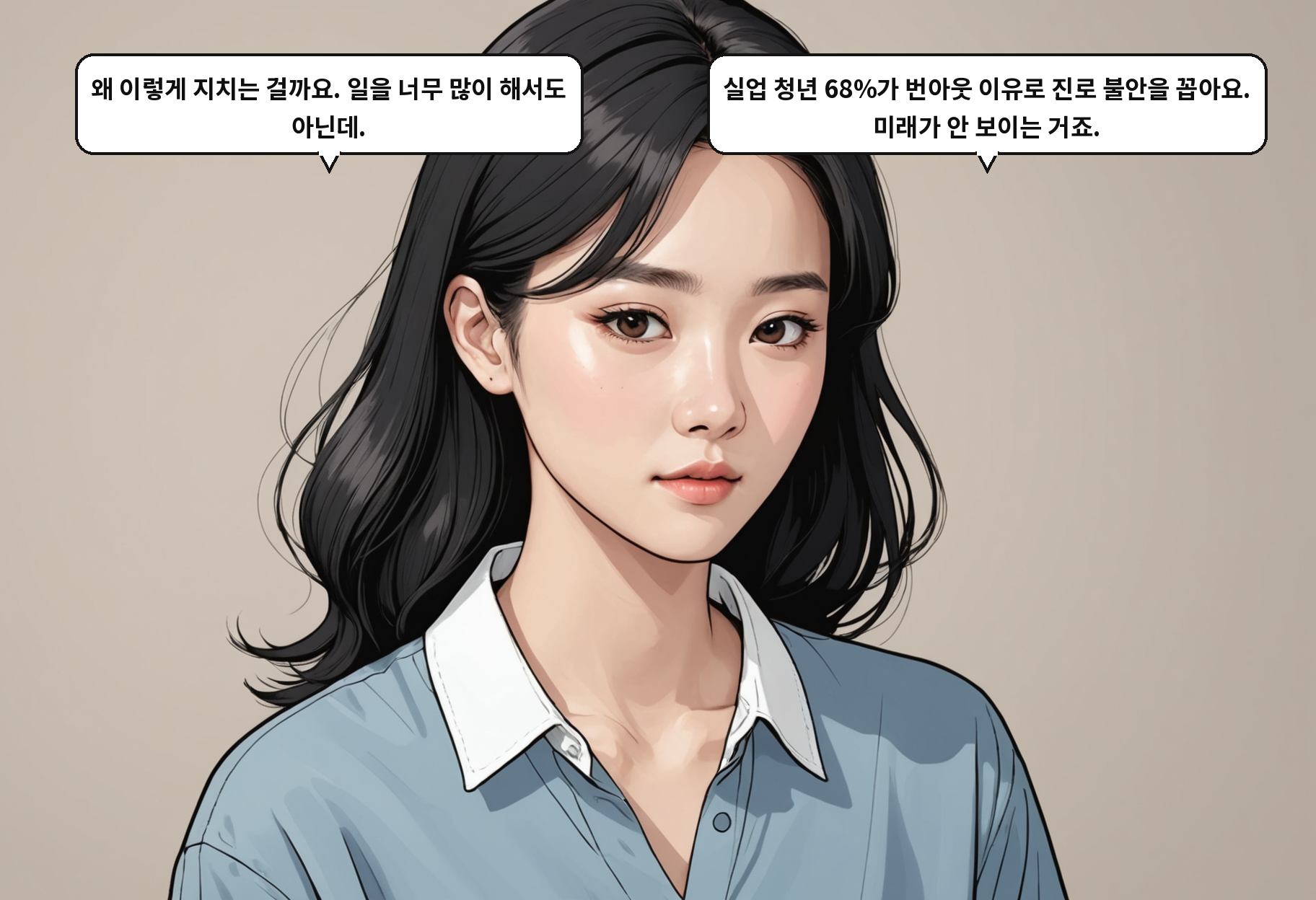 A: 왜 이렇게 지치는 걸까요. 일을 너무 많이 해서도 아닌데. B: 실업 청년 68%가 번아웃 이유로 진로 불안을 꼽아요. 미래가 안 보이는 거죠.