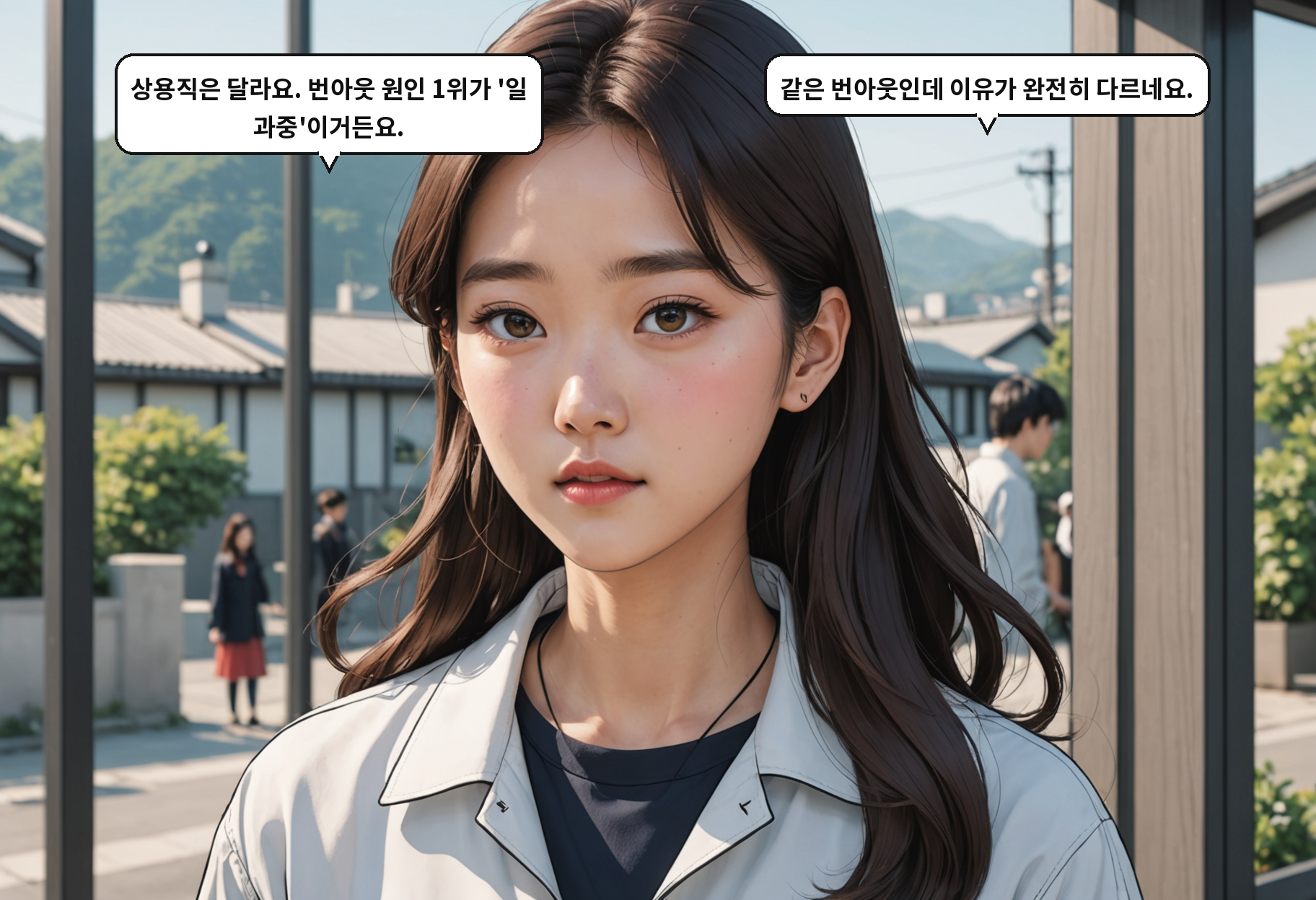 B: 상용직은 달라요. 번아웃 원인 1위가 '일 과중'이거든요. A: 같은 번아웃인데 이유가 완전히 다르네요.