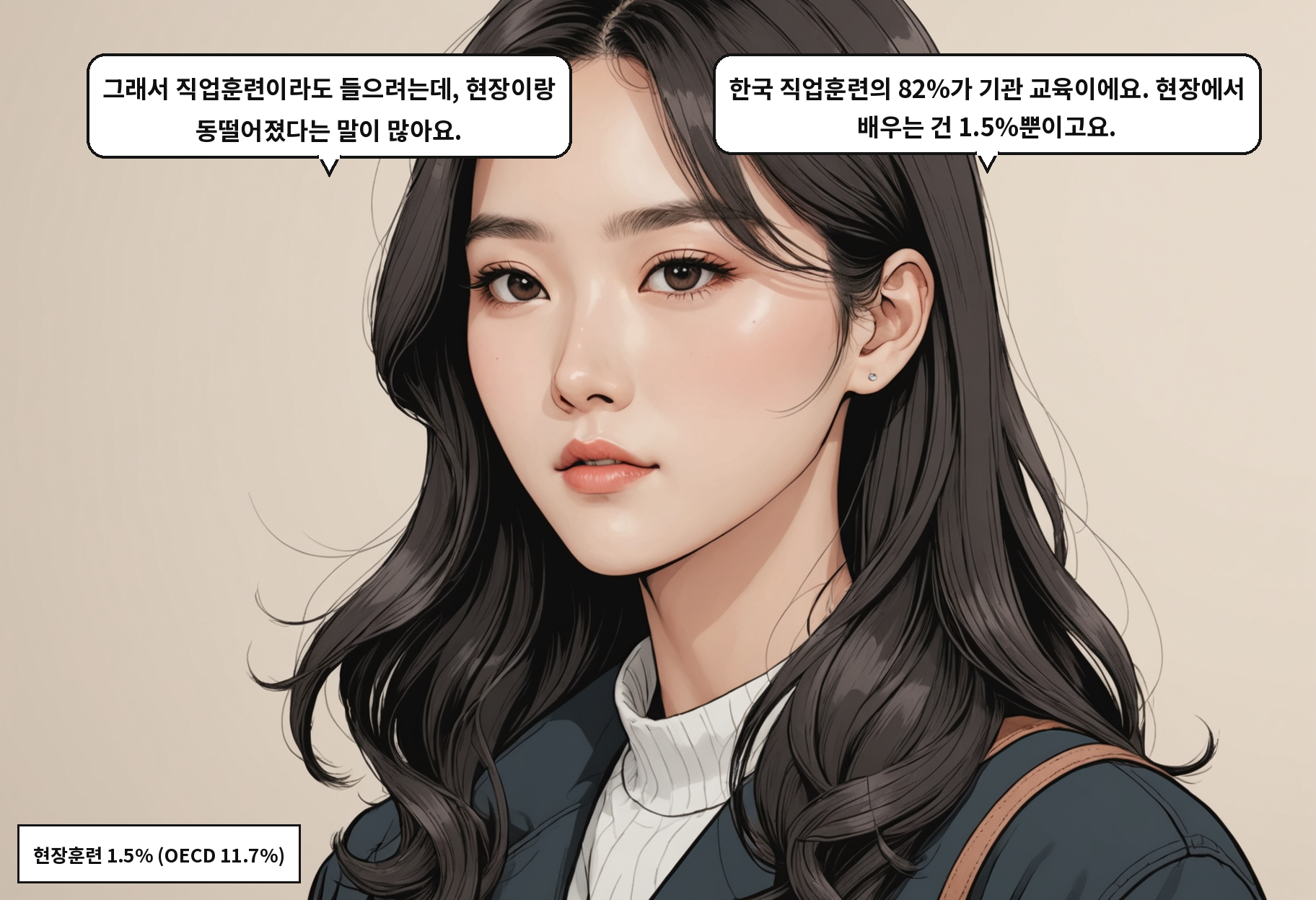 A: 그래서 직업훈련이라도 들으려는데, 현장이랑 동떨어졌다는 말이 많아요. B: 한국 직업훈련의 82%가 기관 교육이에요. 현장에서 배우는 건 1.5%뿐이고요.