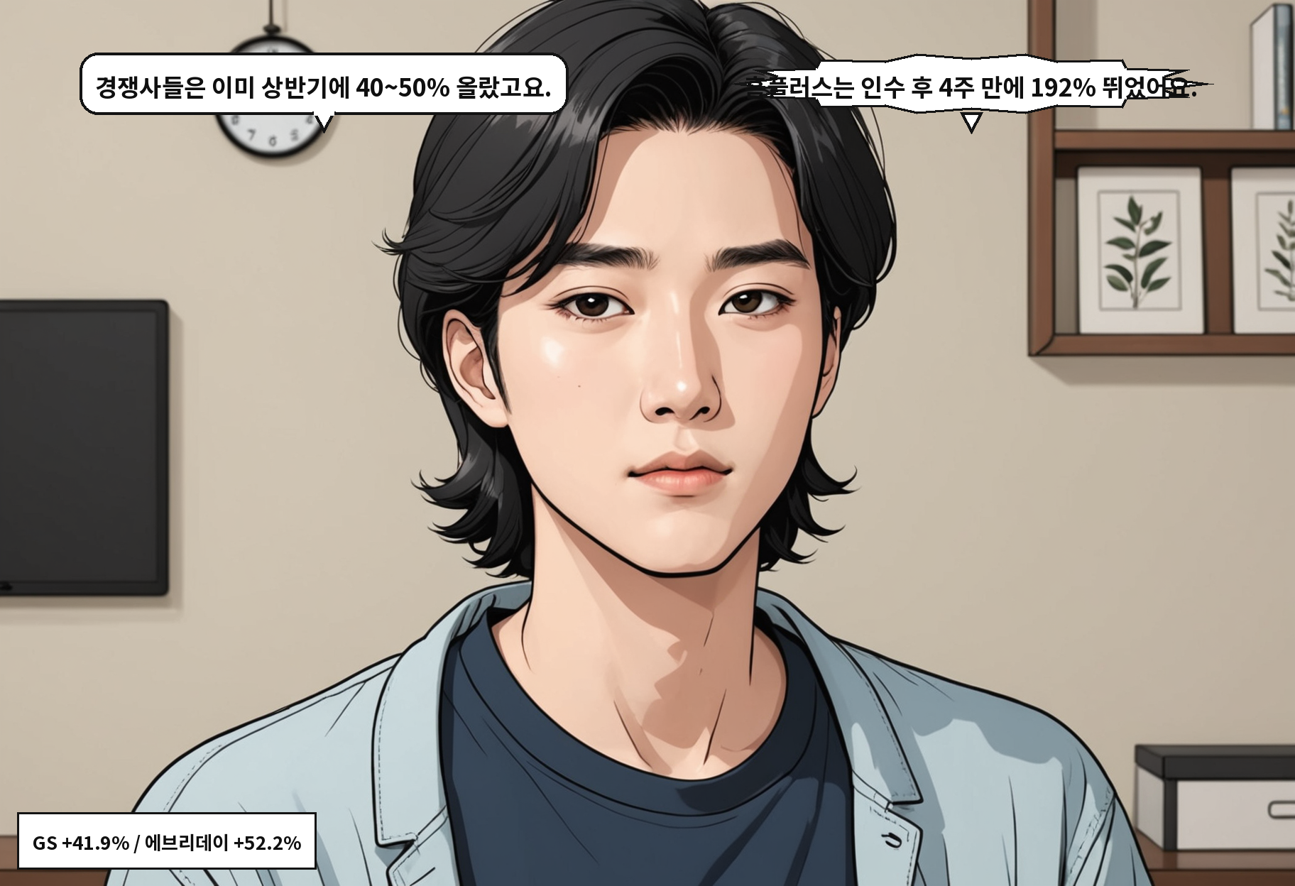 A: 경쟁사들은 이미 상반기에 40~50% 올랐고요. B: 홈플러스는 인수 후 4주 만에 192% 뛰었어요.