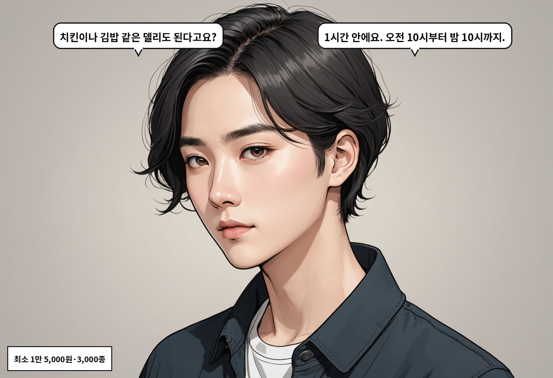 A: 치킨이나 김밥 같은 델리도 된다고요? B: 1시간 안에요. 오전 10시부터 밤 10시까지.