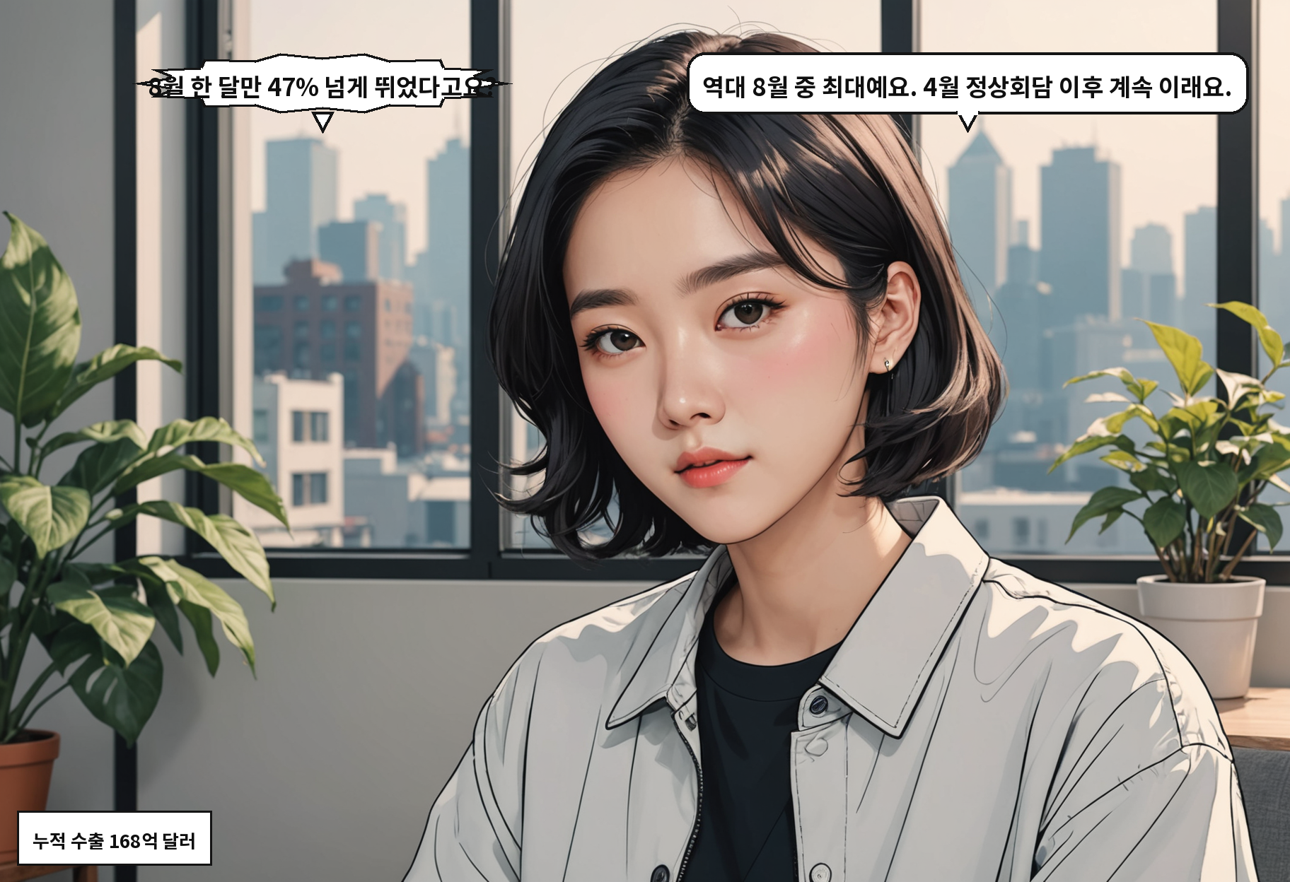 B: 8월 한 달만 47% 넘게 뛰었다고요? A: 역대 8월 중 최대예요. 4월 정상회담 이후 계속 이래요.