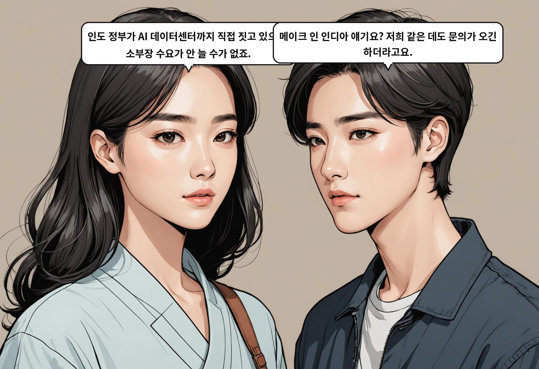 A: 인도 정부가 AI 데이터센터까지 직접 짓고 있으니, 소부장 수요가 안 늘 수가 없죠. B: 메이크 인 인디아 얘기요? 저희 같은 데도 문의가 오긴 하더라고요.