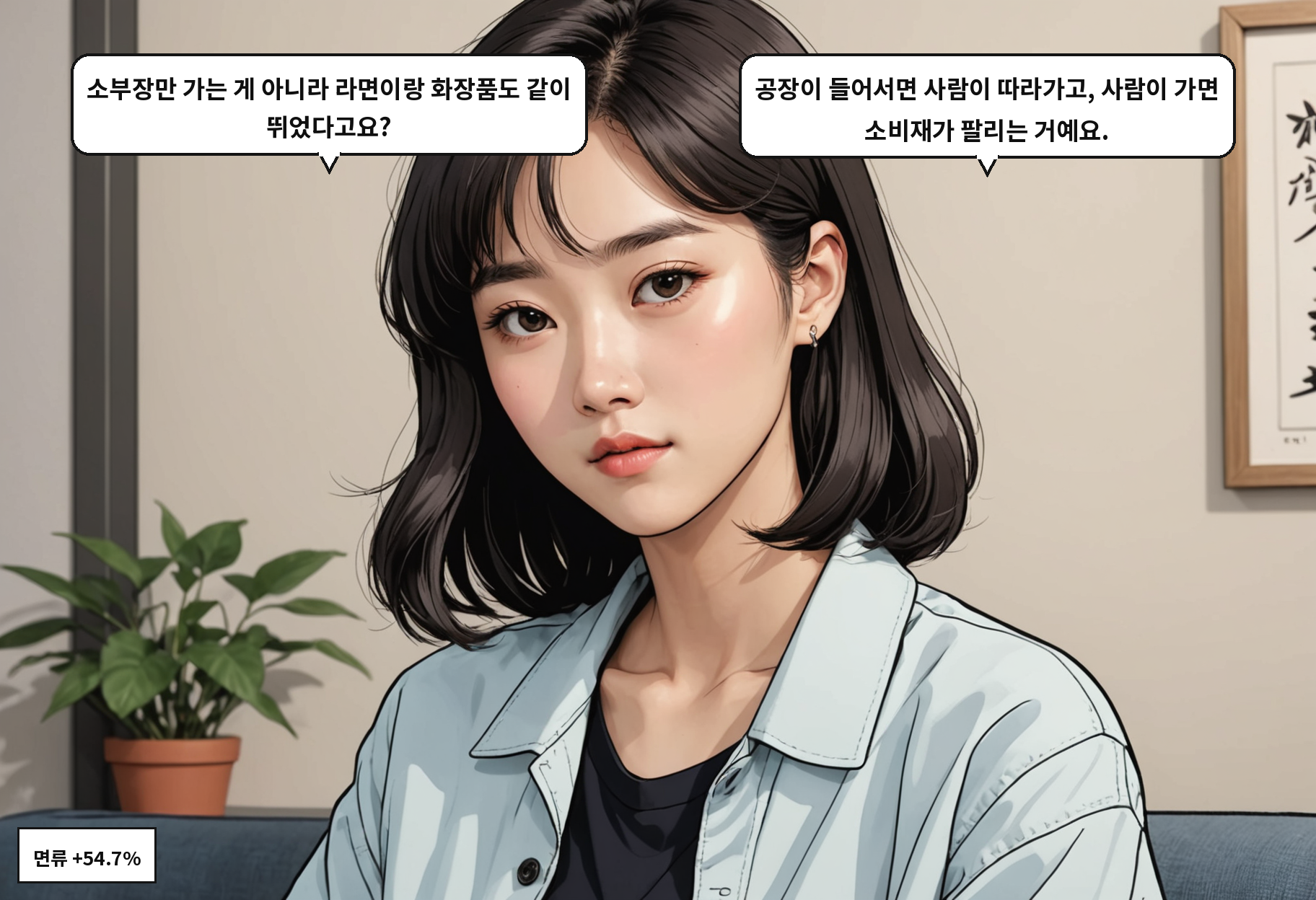 B: 소부장만 가는 게 아니라 라면이랑 화장품도 같이 뛰었다고요? A: 공장이 들어서면 사람이 따라가고, 사람이 가면 소비재가 팔리는 거예요.