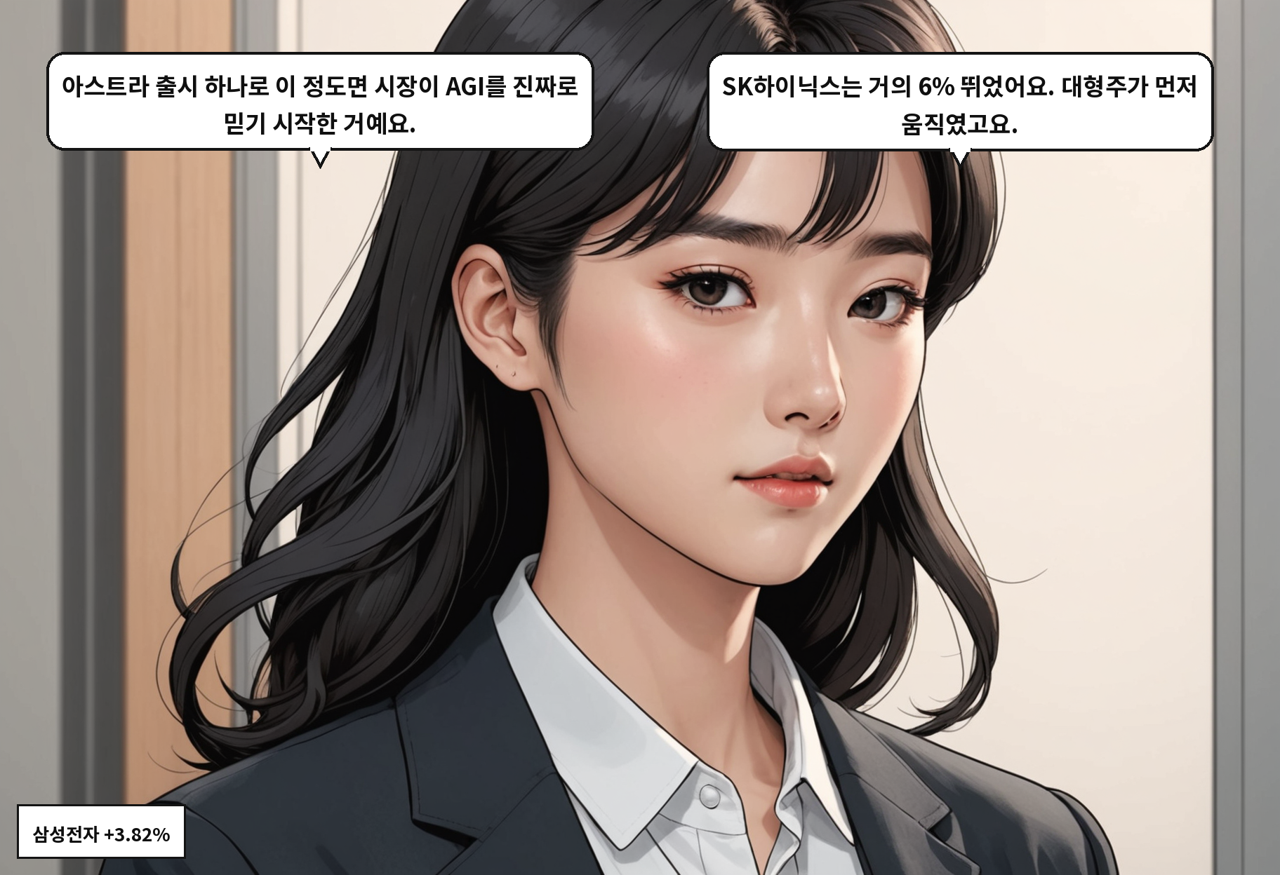 A: 아스트라 출시 하나로 이 정도면 시장이 AGI를 진짜로 믿기 시작한 거예요. B: SK하이닉스는 거의 6% 뛰었어요. 대형주가 먼저 움직였고요.