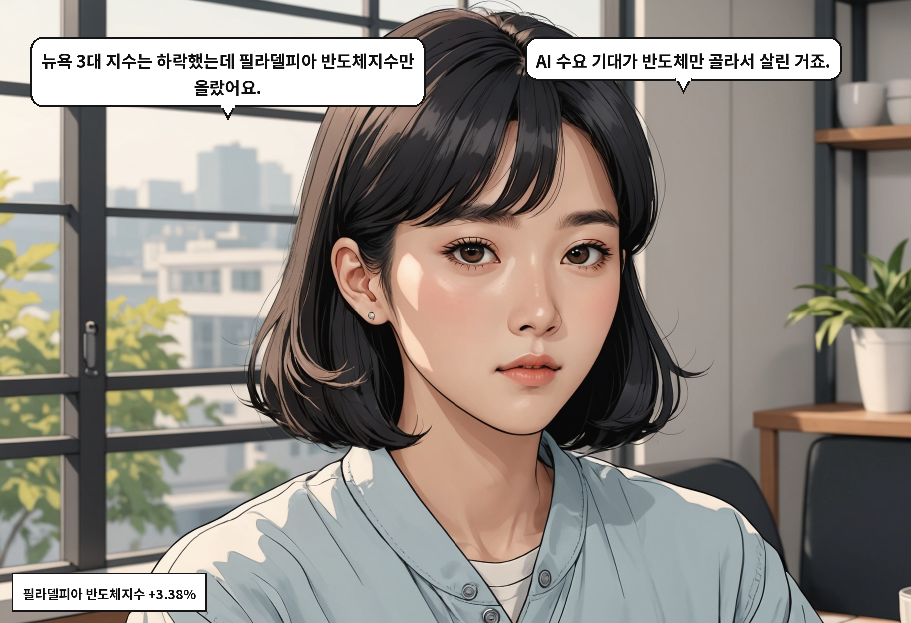 B: 뉴욕 3대 지수는 하락했는데 필라델피아 반도체지수만 올랐어요. A: AI 수요 기대가 반도체만 골라서 살린 거죠.
