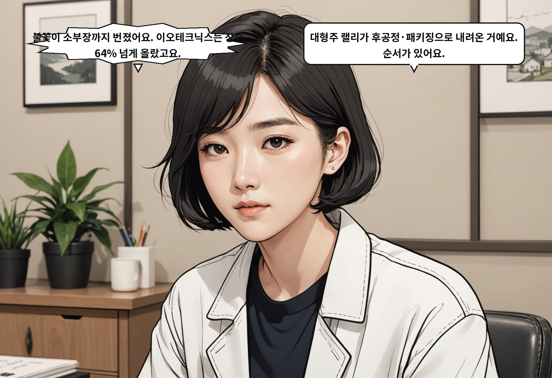A: 불꽃이 소부장까지 번졌어요. 이오테크닉스는 장중 64% 넘게 올랐고요. B: 대형주 랠리가 후공정·패키징으로 내려온 거예요. 순서가 있어요.